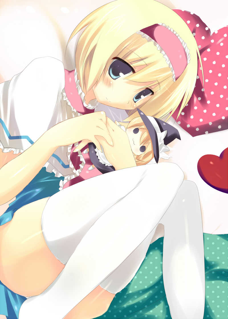 kinoko (hkn), alice margatroid, touhou, bad id, bad pixiv id, 1girl, :3, blonde hair, doll, female focus, hairband, legs, lying, short hair, solo, thighhighs, white thighhighs