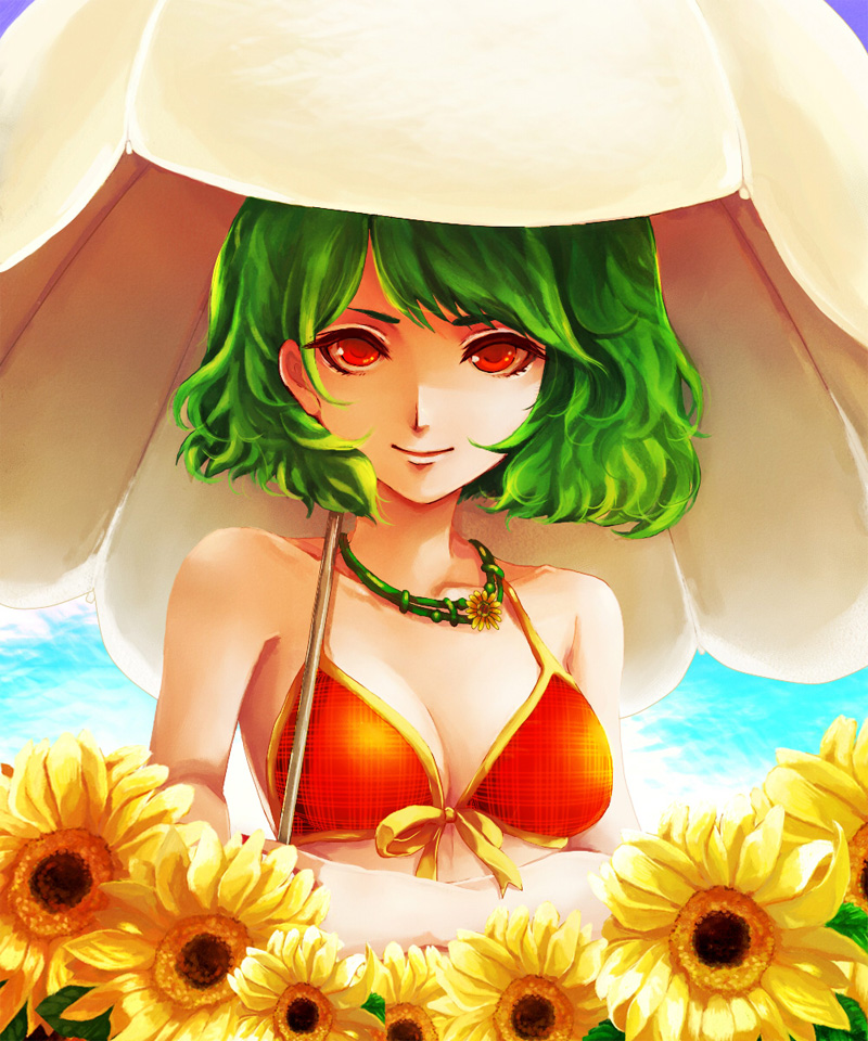 awa toka, kazami yuuka, touhou, 1girl, bikini, day, female focus, flower, flower necklace, green hair, jewelry, necklace, orange bikini, parasol, plaid bikini, plaid clothes, red eyes, short hair, smile, solo, sunflower, swimsuit, umbrella, upper body