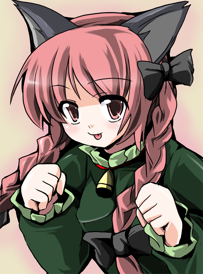 fa no hito, kaenbyou rin, touhou, bad id, bad pixiv id, 1girl, :p, animal ears, braid, cat ears, cat girl, female focus, gradient background, hair ribbon, red eyes, red hair, ribbon, short hair, solo, tongue, tongue out, twin braids