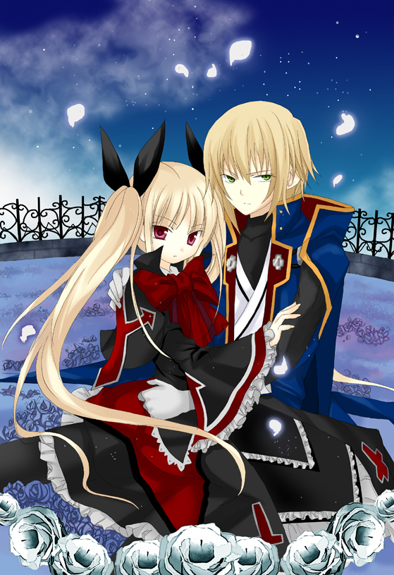 wap, kisaragi jin, rachel alucard, arc system works, blazblue, blazblue: calamity trigger, uniform, bad id, bad pixiv id, 1boy, 1girl, blonde hair, cape, dress, frills, gloves, gothic lolita, green eyes, lolita fashion, long hair, red eyes, short hair, twintails