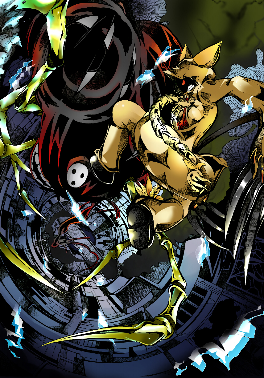 imouchi sutan, sutan beeguru, arakune, taokaka, arc system works, blazblue, blazblue: calamity trigger, bad id, bad pixiv id, highres, 1girl, animal ears, animal hood, battle, braid, cat hood, claws, epic, fake animal ears, falling, hood, hoodie, slime (substance), twin braids