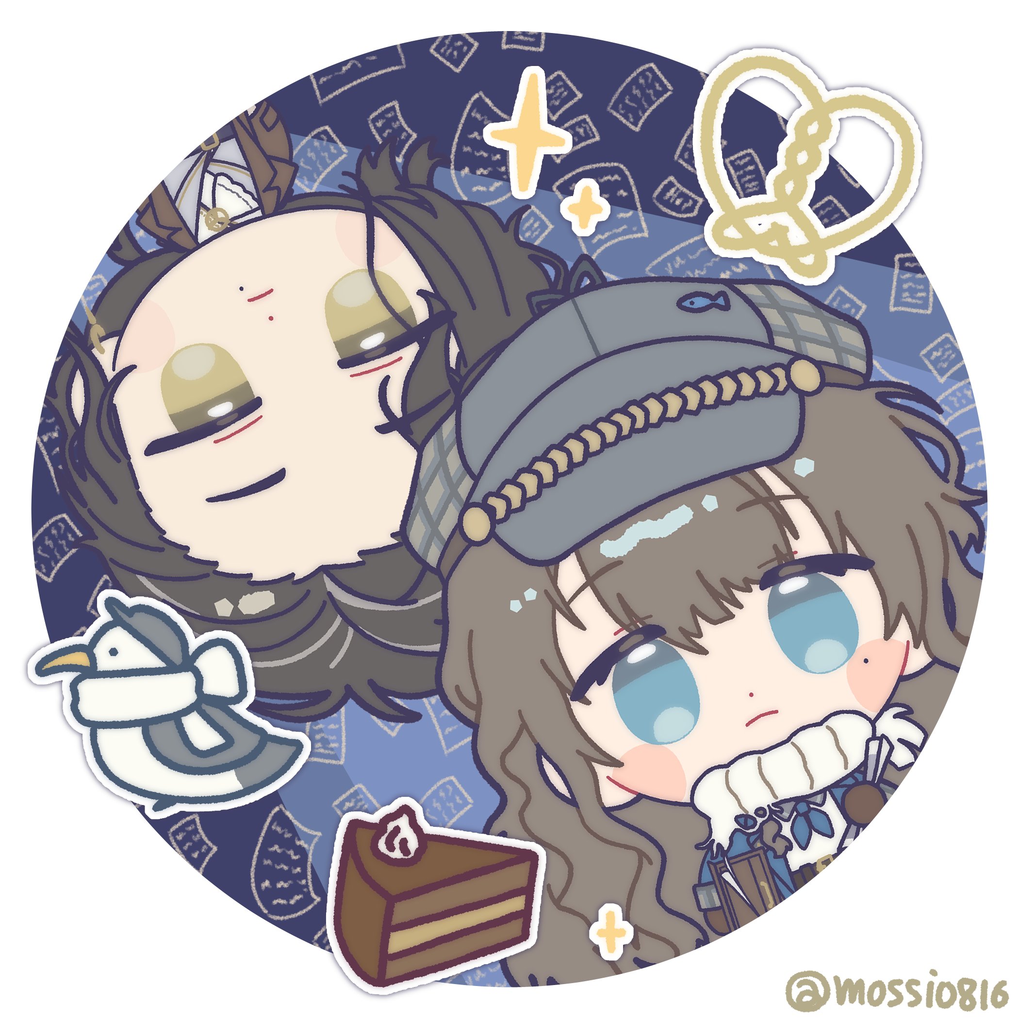 mossi (mossi0816), greta hofmann, marcus (reverse:1999), reverse:1999, commentary request, highres, korean commentary, 2girls, :|, ascot, bird, black hair, blue background, blue eyes, brown coat, brown hair, cake, cake slice, chibi, chocolate cake, closed mouth, coat, food, grey hat, grey jacket, hat, hofmann knot, jacket, long hair, looking at viewer, mole, mole under eye, mole under mouth, multiple girls, newsboy cap, rotational symmetry, round image, sachertorte (food), scarf, seagull, shirt, sparkle, twitter username, upper body, upside-down, white ascot, white scarf, white shirt, yellow eyes