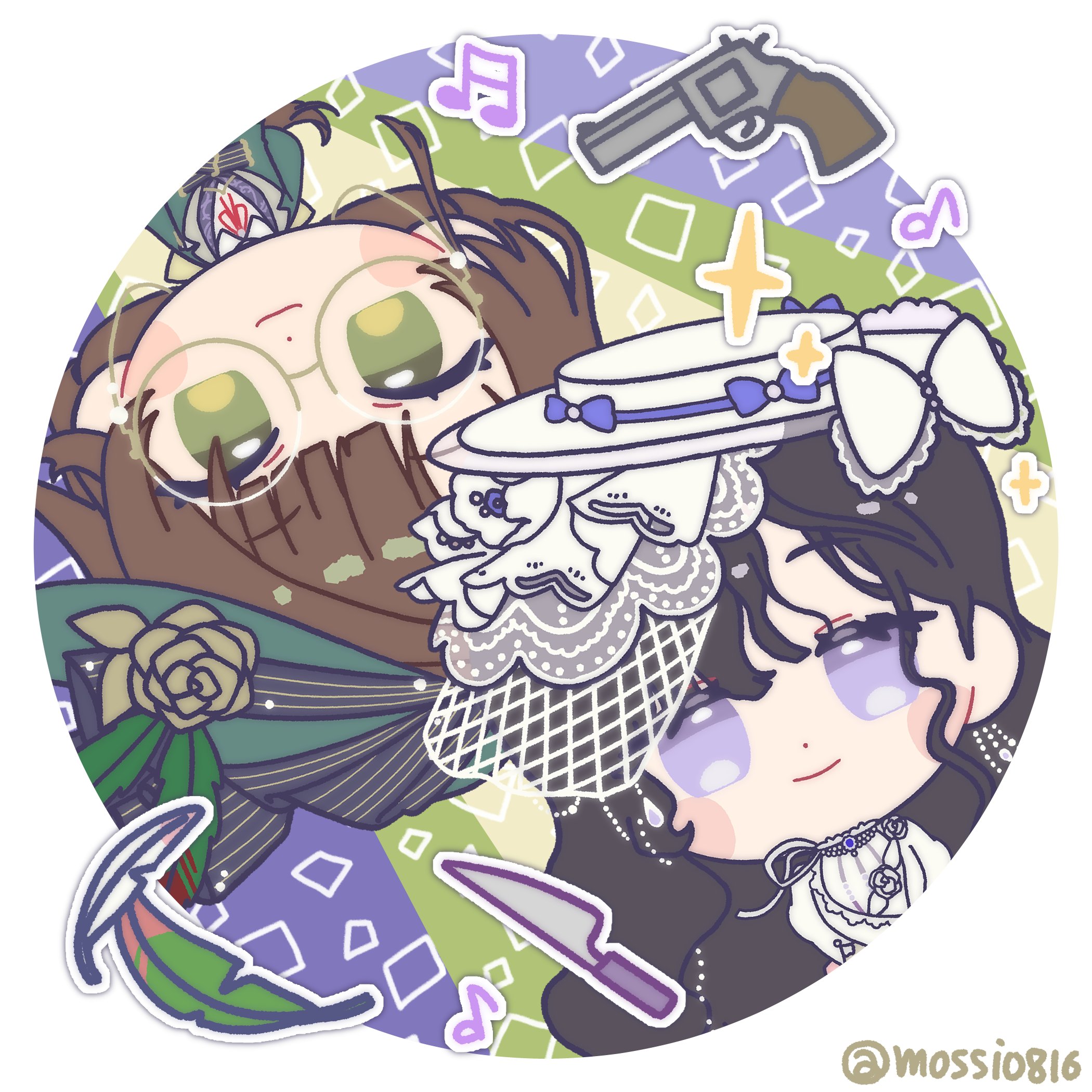 mossi (mossi0816), isolde (reverse:1999), kakania (reverse:1999), reverse:1999, commentary request, highres, korean commentary, 2girls, beamed sixteenth notes, black hair, bow, brown hair, chibi, closed mouth, dress, eighth note, feathers, flower, glasses, green background, green eyes, green feathers, green hat, green jacket, gun, handgun, hat, hat bow, hat feather, hat flower, jacket, long hair, looking at viewer, multiple girls, musical note, neck ribbon, purple eyes, red ribbon, revolver, ribbon, rotational symmetry, round eyewear, round image, shirt, smile, sparkle, table knife, twitter username, upper body, upside-down, veil, weapon, white bow, white dress, white hat, white shirt, white veil, yellow flower