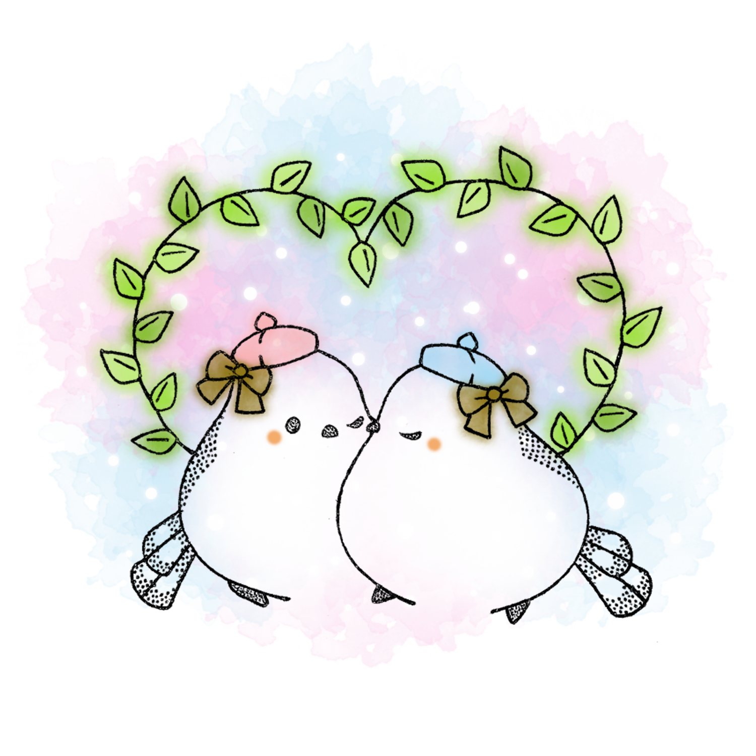 original, commentary request, highres, animal focus, beret, bird, blue hat, hat, heart, hetero, kiss, long-tailed tit, looking at viewer, no humans, one eye closed, pink hat, tit (bird), usagi shigeko, white day