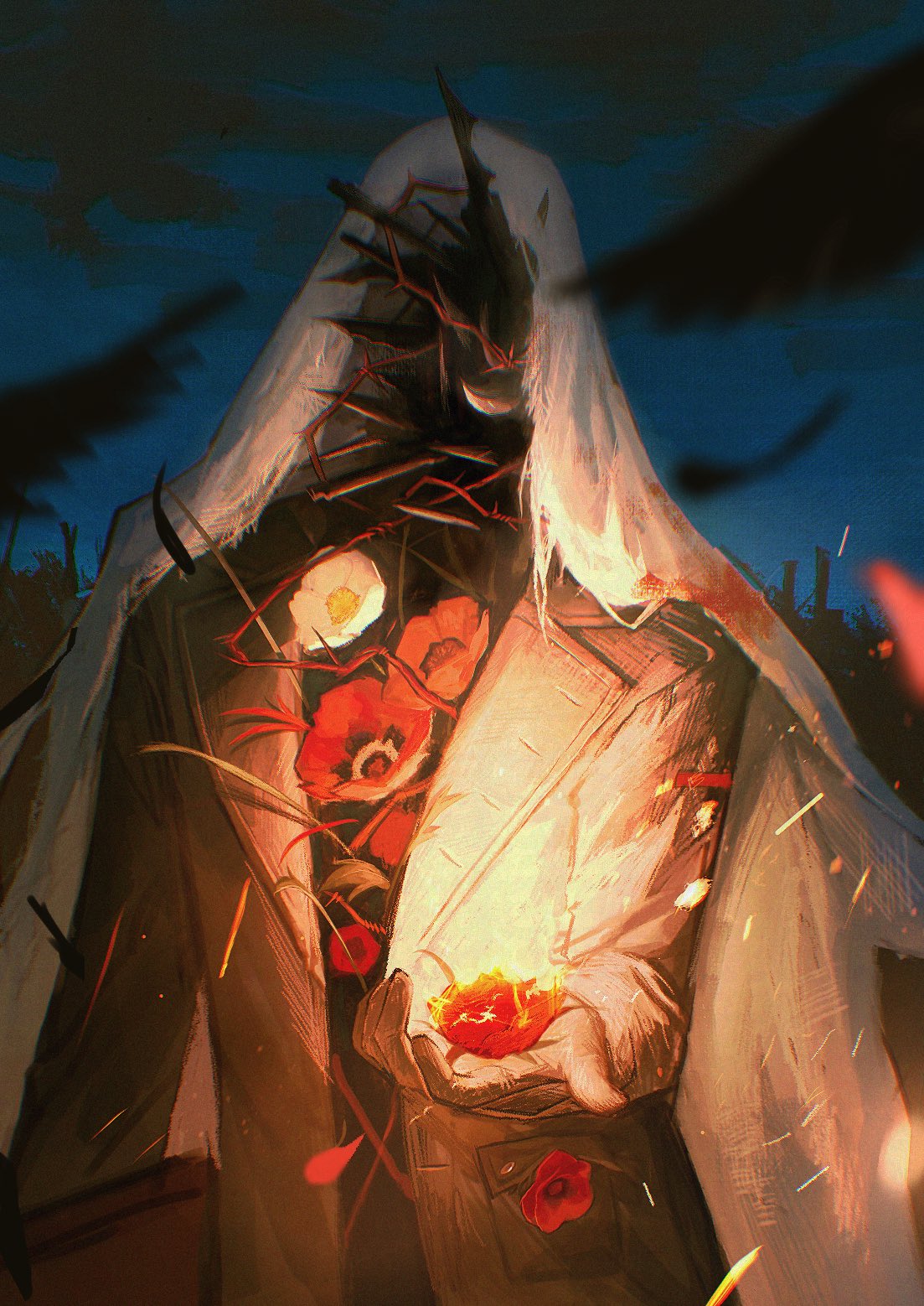 xjsbca, reverse:1999, hashtag-only commentary, highres, 1boy, bird, black bird, black coat, black gloves, blue sky, burning, charon (reverse:1999), coat, embers, facing viewer, fire, flower, gloves, holding, holding flower, male focus, night, night sky, object head, poppy (flower), red flower, sky, solo, thorns, upper body, veil, white flower, white veil