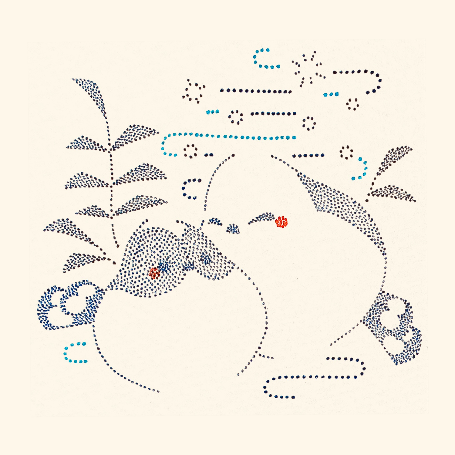 original, commentary request, highres, traditional media, animal focus, bird, branch, closed eyes, leaf, long-tailed tit, no humans, tit (bird), usagi shigeko