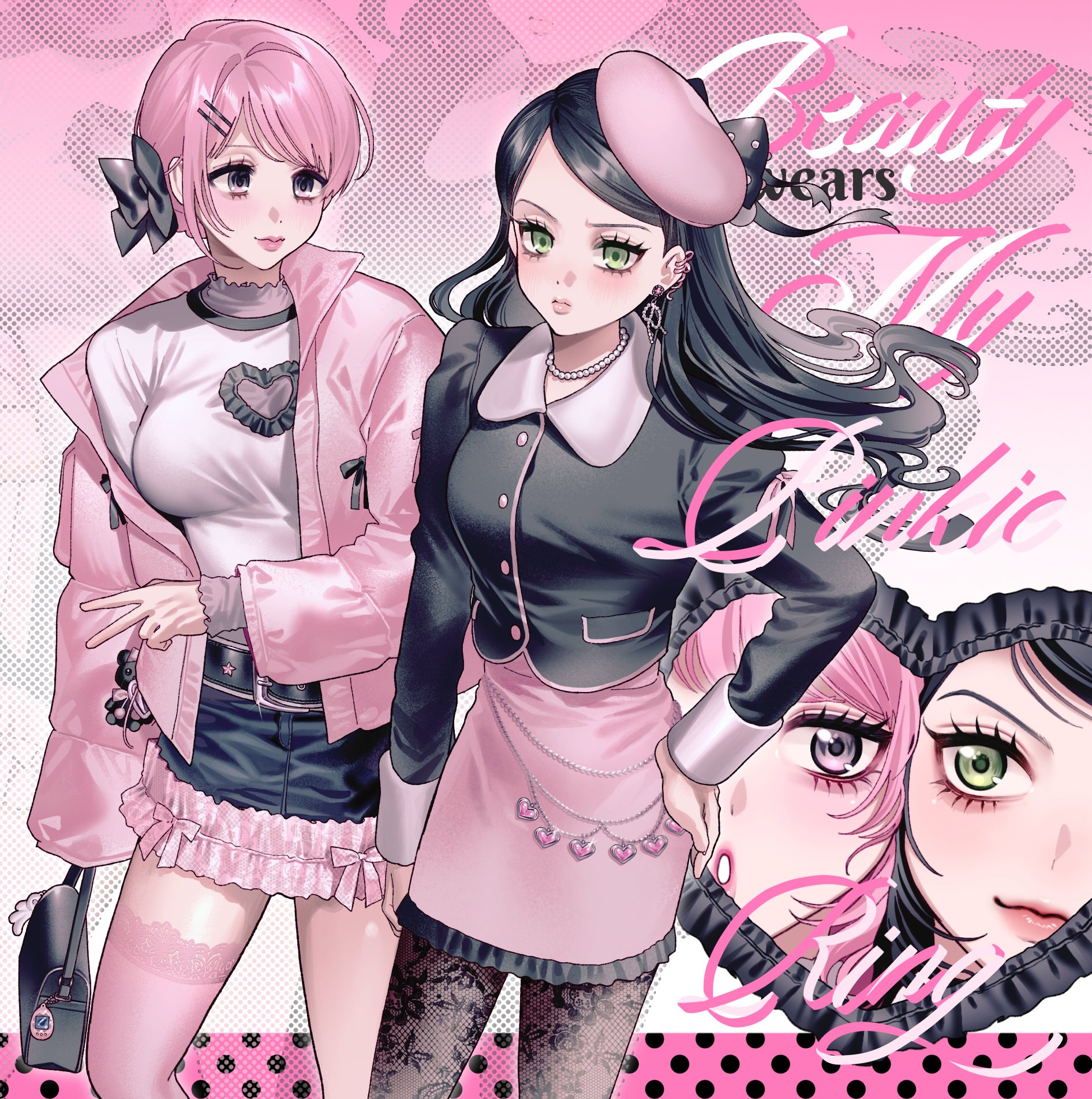 commentary, english commentary, highres, 2girls, bag, beret, black bow, black hair, black jacket, black skirt, bow, closed mouth, cowboy shot, dekaparfait, ear piercing, earrings, english text, frilled skirt, frills, green eyes, grey eyes, hair bow, hair ornament, hairclip, hand on own hip, hat, holding, holding bag, jacket, jewelry, long hair, looking at another, looking at viewer, multiple girls, multiple view, open clothes, open jacket, parallel hairclips, piercing, pink hair, pink hat, pink jacket, pink skirt, side part, skirt, smile, v