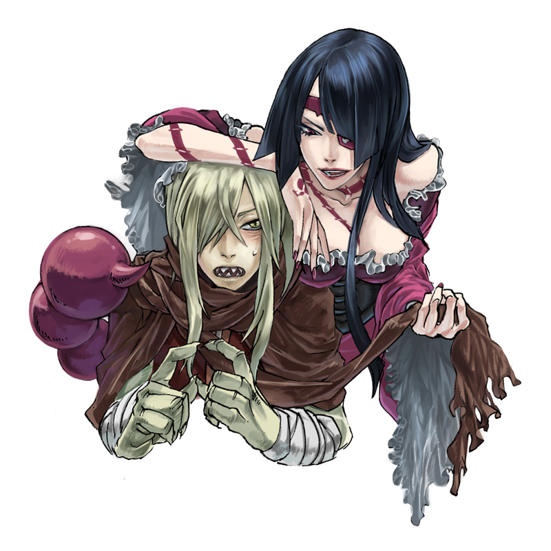 chawan fukasu, musu (1plus), adiane, viral (ttgl), tengen toppa gurren lagann, fingers together, 00s, 1boy, 1girl, bandages, blonde hair, blue hair, blush, breasts, cleavage, corset, couple, eyepatch, hetero, index fingers together, long hair, red eyes, scorpion tail, sharp teeth, sweatdrop, tail, tattoo, teeth, time paradox, yellow eyes