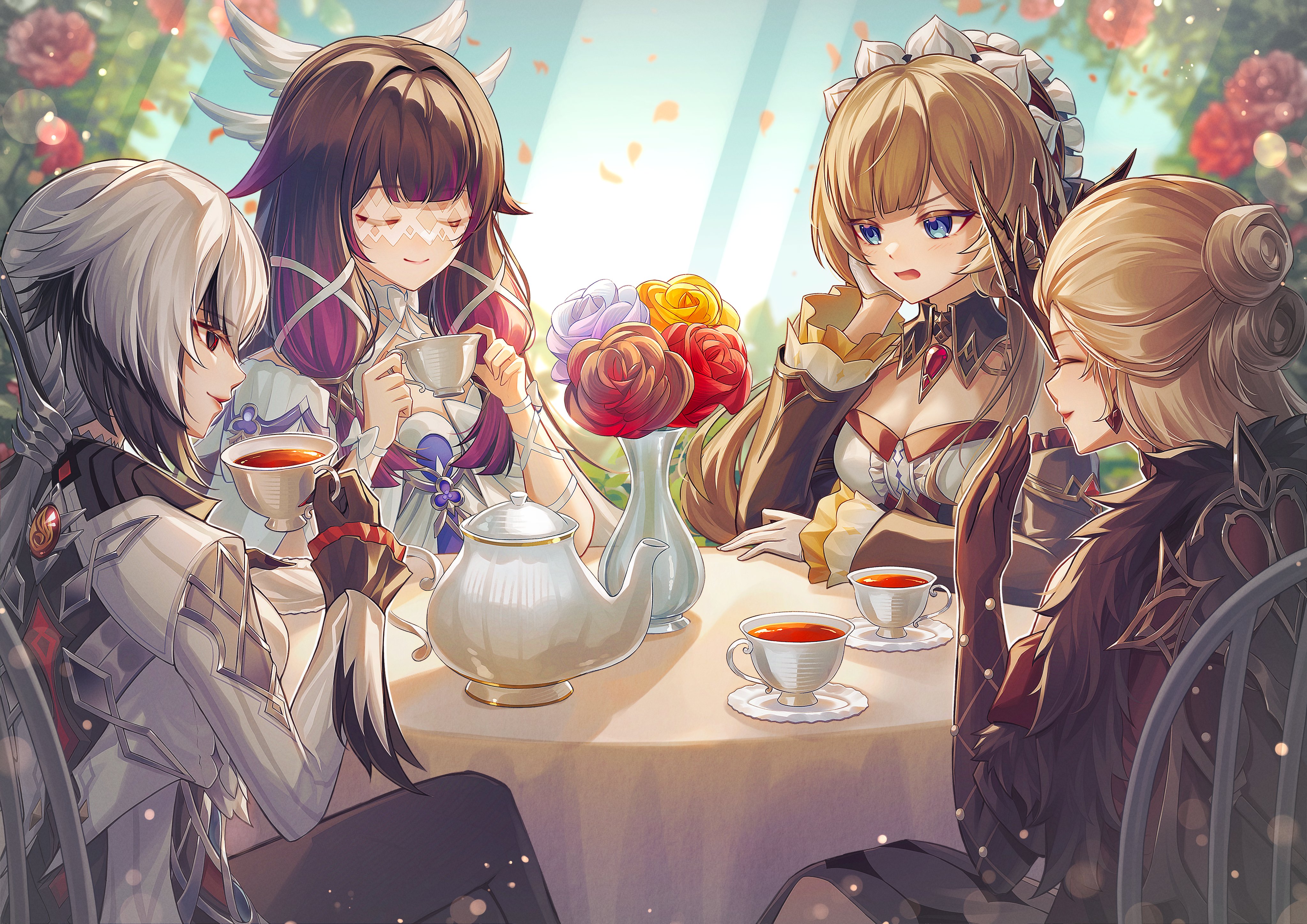 yuno kaihara, arlecchino (genshin impact), columbina (genshin impact), sandrone (genshin impact), signora (genshin impact), genshin impact, absurdres, commentary request, duplicate, highres, 4girls, black collar, black eyes, black hair, black hands, black sleeves, braid, bun with braided base, closed eyes, coat, collar, colored extremities, detached collar, detached sleeves, eye mask, fatui coat, fingernail gloves, fur-trimmed coat, fur trim, gem, gloves, grey coat, hair between eyes, head wings, headdress, mask, multicolored hair, multiple girls, multiple wings, open mouth, red gemstone, red pupils, streaked hair, symbol-shaped pupils, two-tone hair, white coat, white gloves, white hair, white headdress, white mask, white wings, wings, x-shaped eyewear, x-shaped pupils