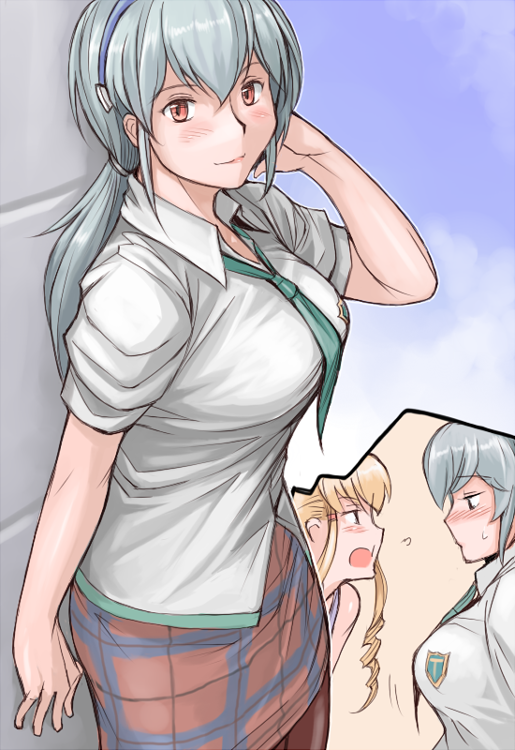 tsuda nanafushi, makinami mari illustrious, shinku, suigintou, neon genesis evangelion, rebuild of evangelion, rozen maiden, silver hair, 2girls, aged up, blonde hair, breast envy, breasts, cosplay, drill hair, large breasts, makinami mari illustrious (cosplay), multiple girls, pantyhose, red eyes, school uniform