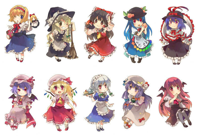hare (aeex5727), konatsu hare, alice margatroid, flandre scarlet, hakurei reimu, hinanawi tenshi, izayoi sakuya, kirisame marisa, koakuma, nagae iku, patchouli knowledge, remilia scarlet, shanghai doll, touhou, light purple hair, silver hair, bad id, bad pixiv id, 6+girls, :p, bat wings, black hair, blonde hair, blue eyes, blue hair, book, bow, braid, broom, cake, chibi, cup, detached sleeves, doll, female focus, food, fruit, hair bow, hairband, hat, head wings, japanese clothes, long hair, mary janes, miko, multiple girls, one eye closed, pastry, peach, ponytail, purple eyes, purple hair, red eyes, red hair, shawl, shoes, short hair, side ponytail, tea, teacup, teapot, tongue, tongue out, twin braids, wings, wink, witch, witch hat, yellow eyes