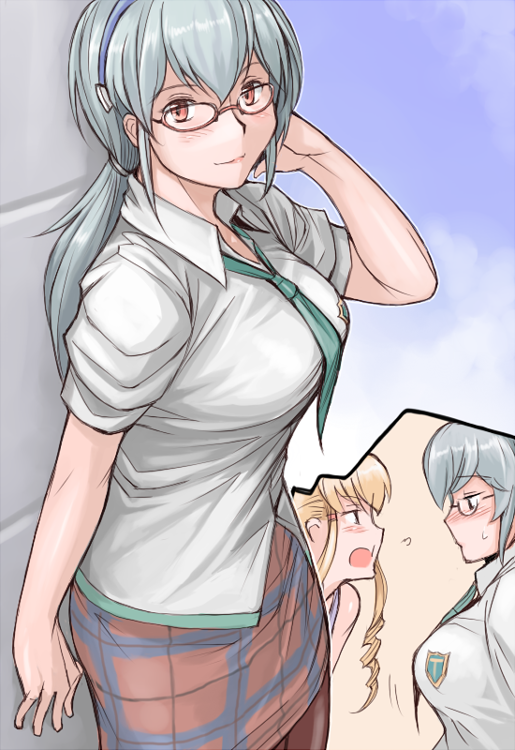 tsuda nanafushi, makinami mari illustrious, shinku, suigintou, neon genesis evangelion, rebuild of evangelion, rozen maiden, silver hair, 2girls, against wall, aged up, blonde hair, breast envy, breasts, cosplay, drill hair, glasses, large breasts, makinami mari illustrious (cosplay), miniskirt, multiple girls, pantyhose, pencil skirt, plaid clothes, plaid skirt, red eyes, school uniform, skirt