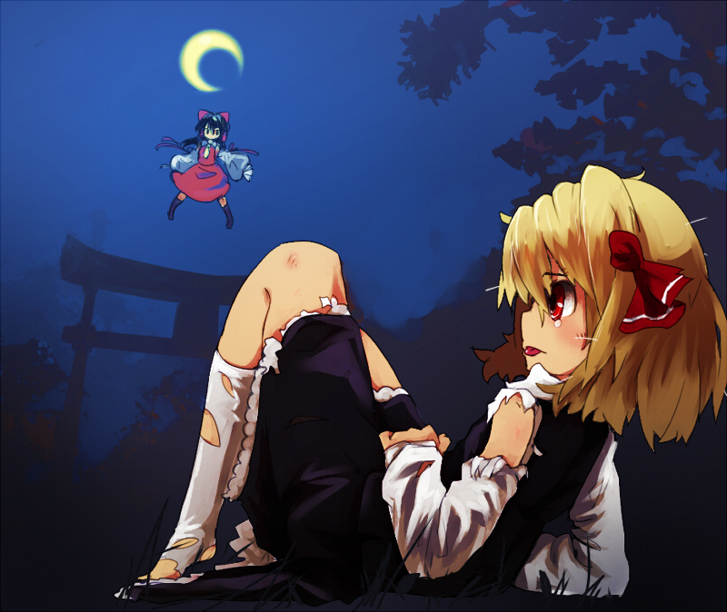 murani, hakurei reimu, rumia, embodiment of scarlet devil, touhou, 2girls, black hair, blonde hair, bow, crescent moon, detached sleeves, female focus, hair bow, hair ribbon, japanese clothes, messy hair, miko, moon, multiple girls, red eyes, ribbon, short hair, tears, tongue, torii, torn clothes