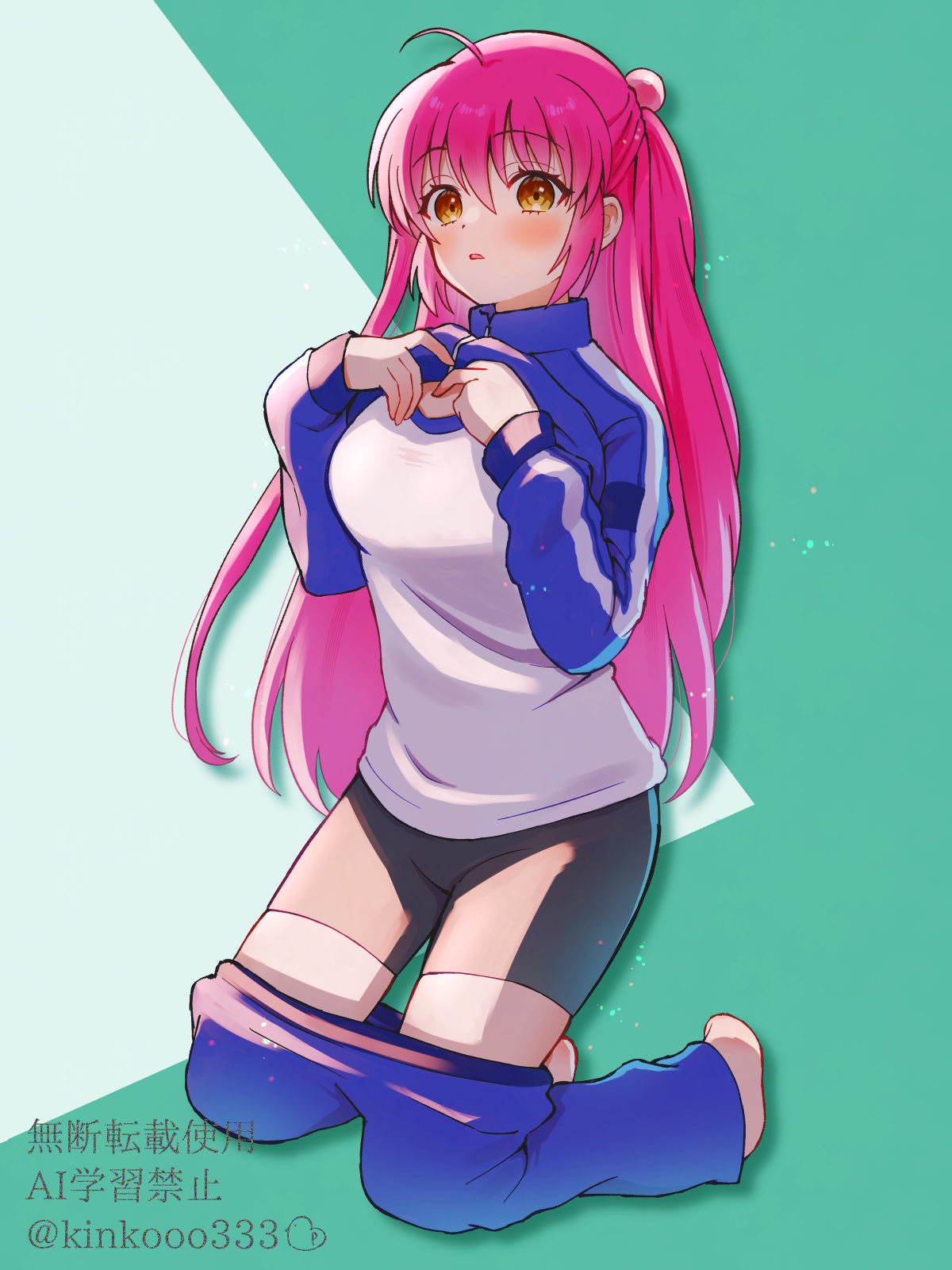piyo (kinkooo333), futaki kanata, little busters!, commentary request, highres, 1girl, black shorts, blue jacket, blue pants, blush, breasts, green background, gym shirt, jacket, long hair, pants, pink hair, seiza, shadow, shirt, shorts, sitting, track jacket, track pants, track suit, twitter username, undressing, yellow eyes