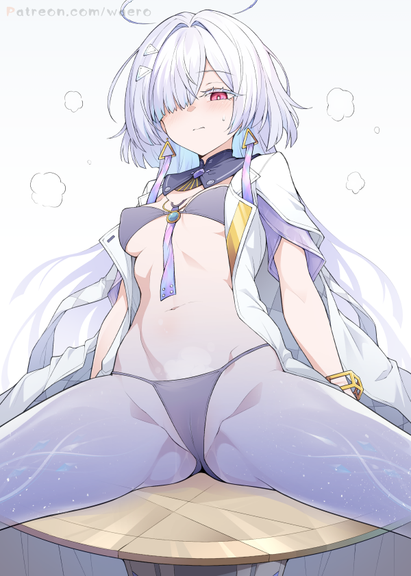 waero, mornye (wuthering waves), wuthering waves, 1girl, bare legs, bikini, black bikini, blush, breasts, hair over one eye, halo, jacket, long hair, navel, red eyes, short hair, simple background, sitting, small breasts, solo, spread legs, sweat, swimsuit, very long hair, white background, white hair, white halo, white jacket