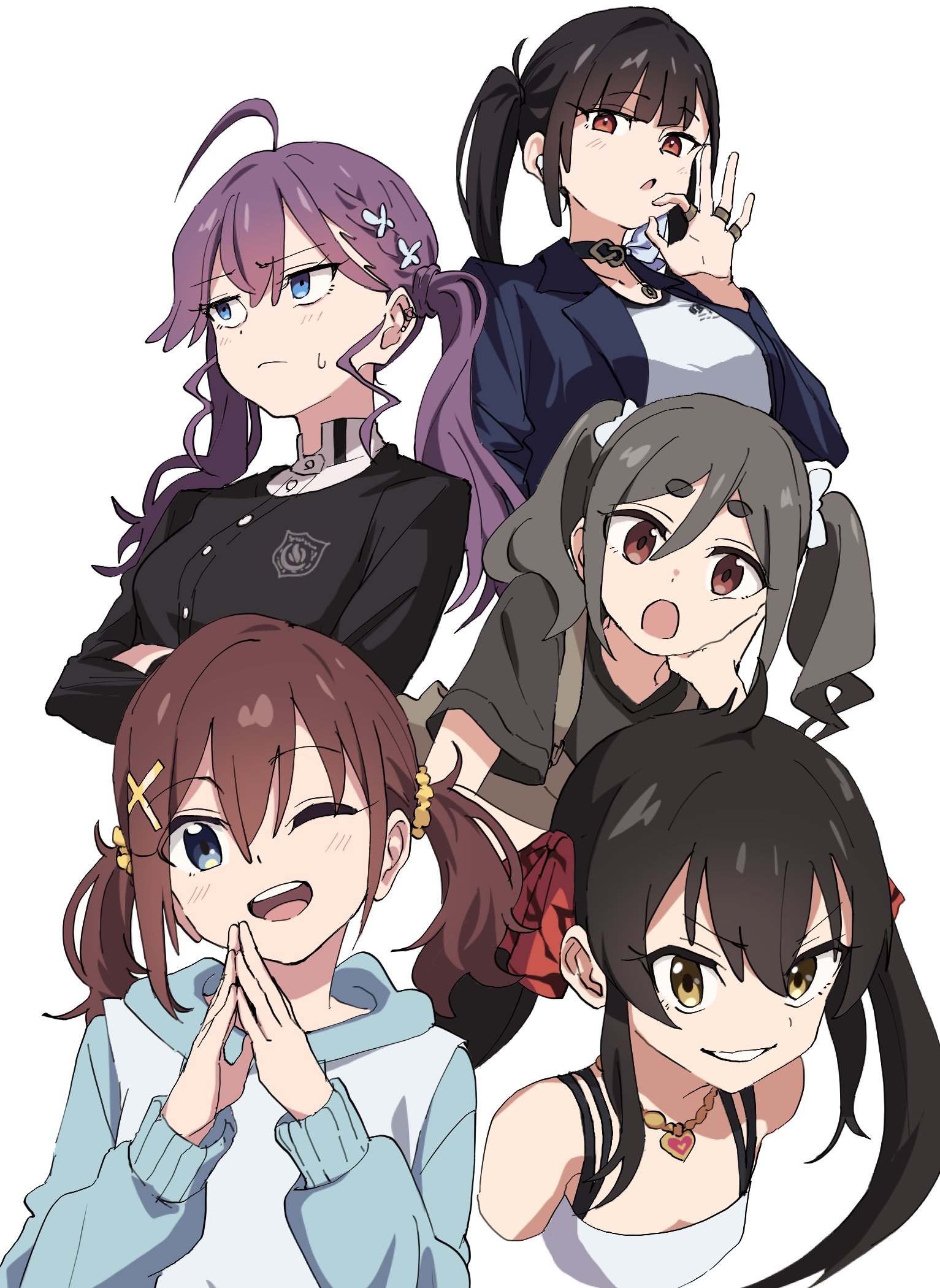 momomatang, furutachi kurea, kaya rinha, kiriyama an, matoba risa, sora (nikke), gakuen idolmaster, goddess of victory: nikke, hibi wa sugiredo meshi umashi, idolmaster, idolmaster cinderella girls, mono (afro), highres, 5girls, ahoge, black hair, black jacket, black shirt, blue eyes, blue hoodie, blue jacket, blush, bow, breasts, brown eyes, brown hair, butterfly hair ornament, choker, collage, crossed arms, double-parted bangs, gokugetsu academy school uniform, grin, hair between eyes, hair bow, hair ornament, hair ribbon, hair scrunchie, hairstyle connection, hand on own cheek, hand on own face, head rest, heart, heart necklace, hood, hoodie, jacket, jewelry, long hair, long sleeves, looking at viewer, medium hair, multiple girls, multiple rings, necklace, ok sign, one eye closed, open clothes, open jacket, open mouth, purple hair, red eyes, red ribbon, ribbon, ring, school uniform, scrunchie, shirt, short sleeves, sidelocks, simple background, smile, spaghetti strap, steepled fingers, sweatdrop, teeth, thick eyebrows, twintails, upper teeth only, white background, white bow, white shirt, x hair ornament, yellow eyes, yellow scrunchie