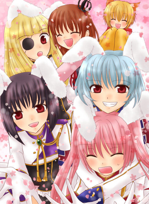 maekawa suu, chiester00, chiester410, chiester45, chiester556, chiester sisters, sakutarou (umineko), ushiromiya maria, umineko no naku koro ni, bad id, bad pixiv id, 00s, 1boy, 5girls, animal ears, aqua hair, black hair, blonde hair, blue hair, blush, brown hair, closed eyes, crown, eyepatch, long hair, multiple girls, orange hair, pink hair, purple hair, rabbit ears, short hair, smile