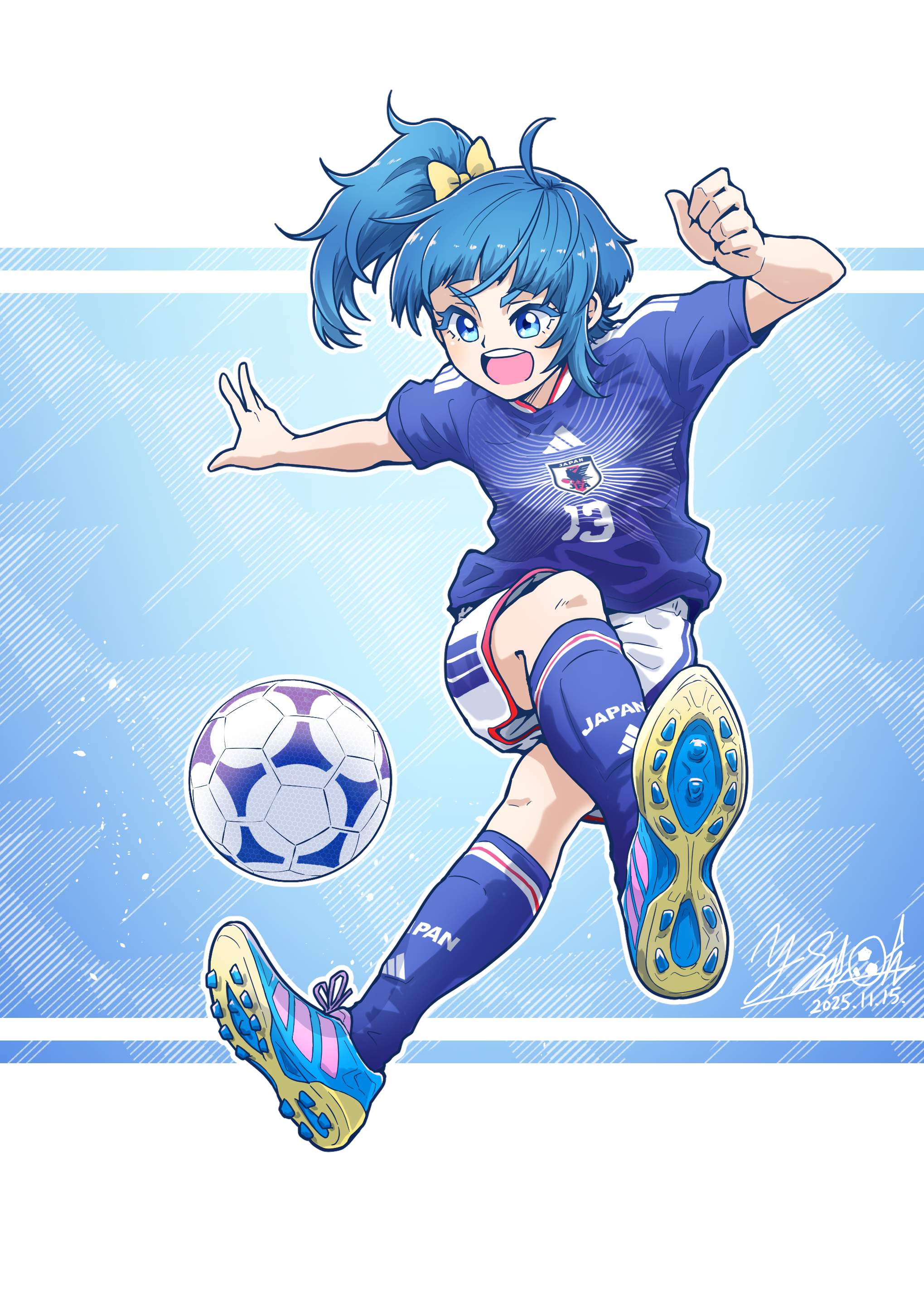 satou yasu, sora harewataru, hirogaru sky! precure, precure, world cup, absurdres, highres, 1girl, 2026 fifa world cup, artist name, ball, blue eyes, blue hair, blue shirt, blue shoes, blue socks, bow, cleats, clothes writing, cut bangs, dated, hair bow, jumping, kicking, medium hair, open mouth, print shirt, print socks, shin guards, shirt, shoes, short sleeves, shorts, side ponytail, signature, single sidelock, smile, soccer, soccer ball, soccer uniform, socks, solo, sportswear, white shorts, yellow bow