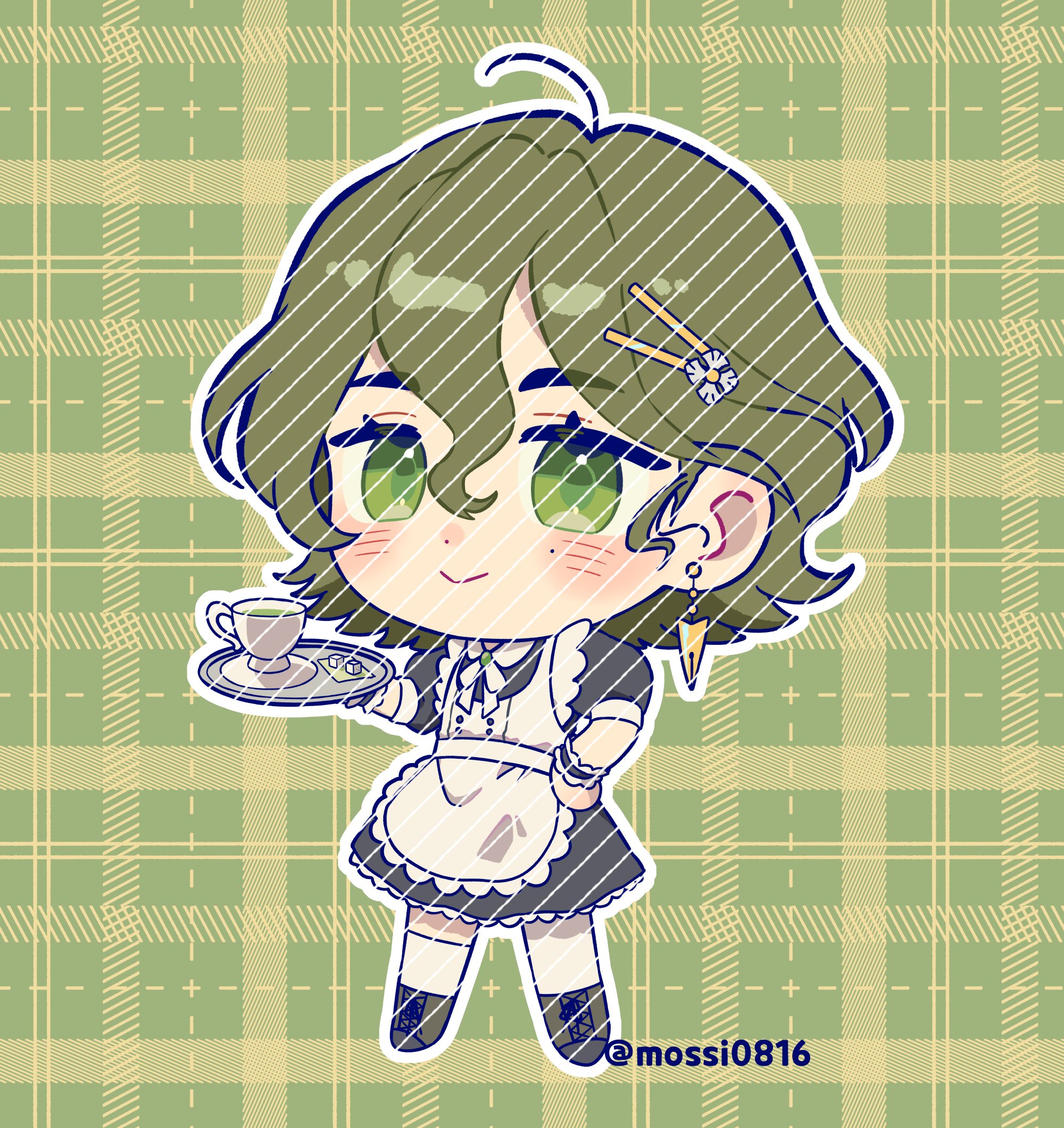 mossi (mossi0816), recoleta (reverse:1999), reverse:1999, hashtag-only commentary, highres, 1girl, :>, alternate costume, apron, black dress, black wrist cuffs, blush, boots, brown boots, brown hair, chibi, cup, dress, earrings, full body, green background, green eyes, hand on own hip, holding, holding tray, jewelry, legs apart, maid, mole, mole under eye, neck ribbon, pantyhose, plaid background, ribbon, short dress, short sleeves, single leg pantyhose, single thighhigh, smile, solo, standing, sugar cube, teacup, thighhighs, tray, twitter username, white apron, white pantyhose, white ribbon, white thighhighs, wrist cuffs