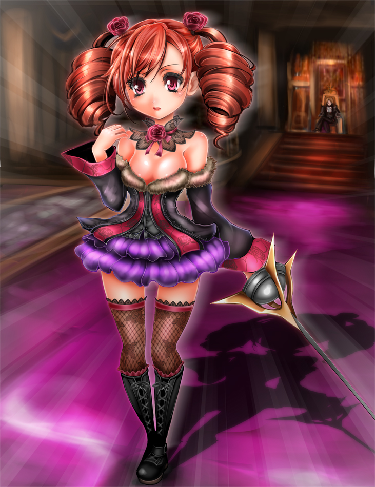 1041 (toshikazu), amy sorel, raphael sorel, namco, soul calibur, soulcalibur, soulcalibur iv, 1boy, 1girl, bare shoulders, blonde hair, boots, breasts, cape, choker, detached sleeves, dress, drill hair, fishnet thighhighs, fishnets, flower, formal clothes, fur trim, gothic lolita, lace, lolita fashion, rapier, red eyes, red hair, rose, short twintails, sitting, sword, thighhighs, twintails, weapon, zettai ryouiki