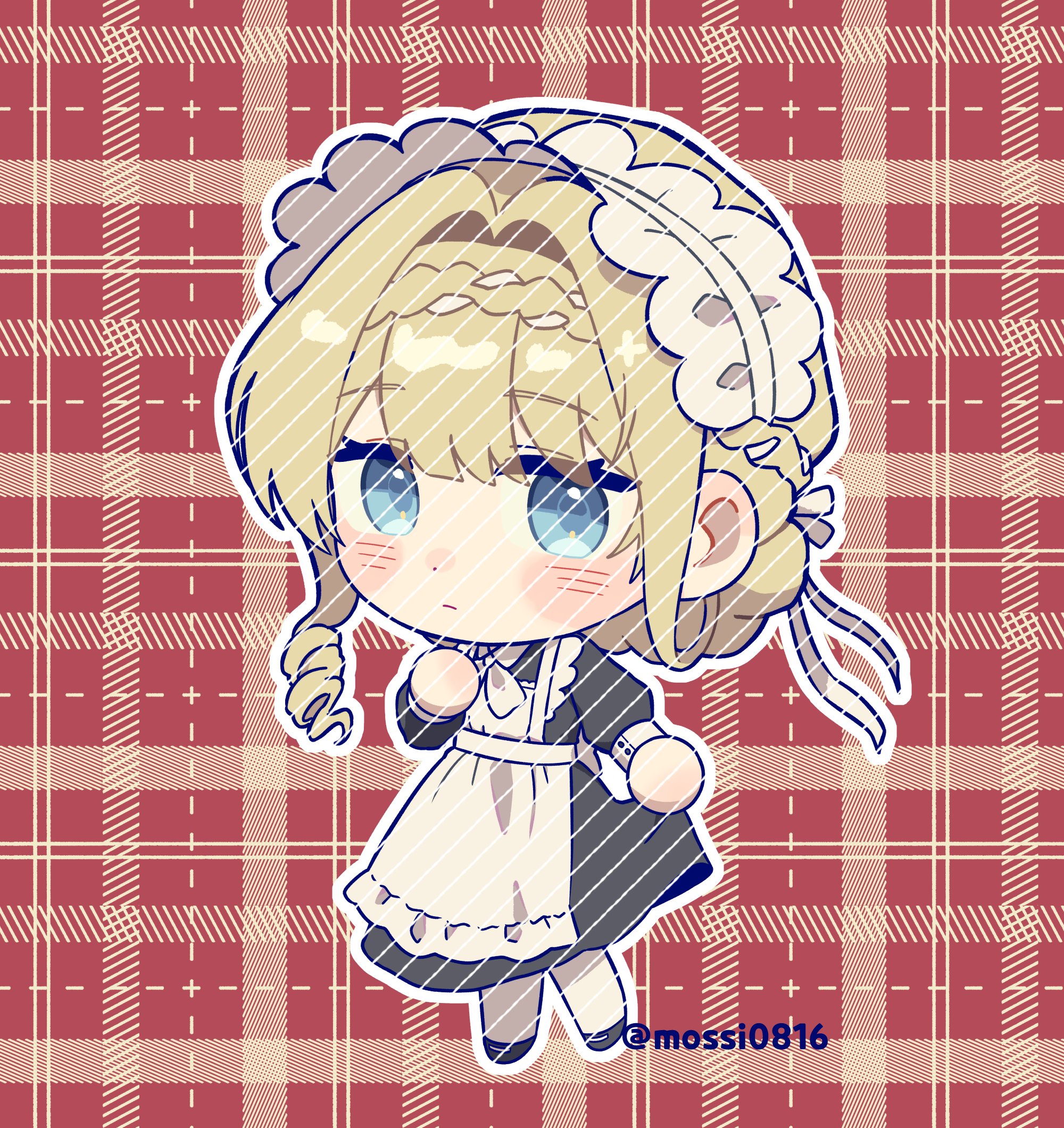 mossi (mossi0816), kiperina, reverse:1999, hashtag-only commentary, highres, 1girl, :/, alternate costume, apron, black dress, black shoes, blonde hair, blue eyes, blush, bow, bowtie, braid, braided bangs, chibi, dress, full body, hair bun, long dress, long sleeves, looking at viewer, maid, maid headdress, pantyhose, plaid background, red background, shoes, short hair, skirt hold, solo, standing, twitter username, white apron, white bow, white bowtie, white pantyhose