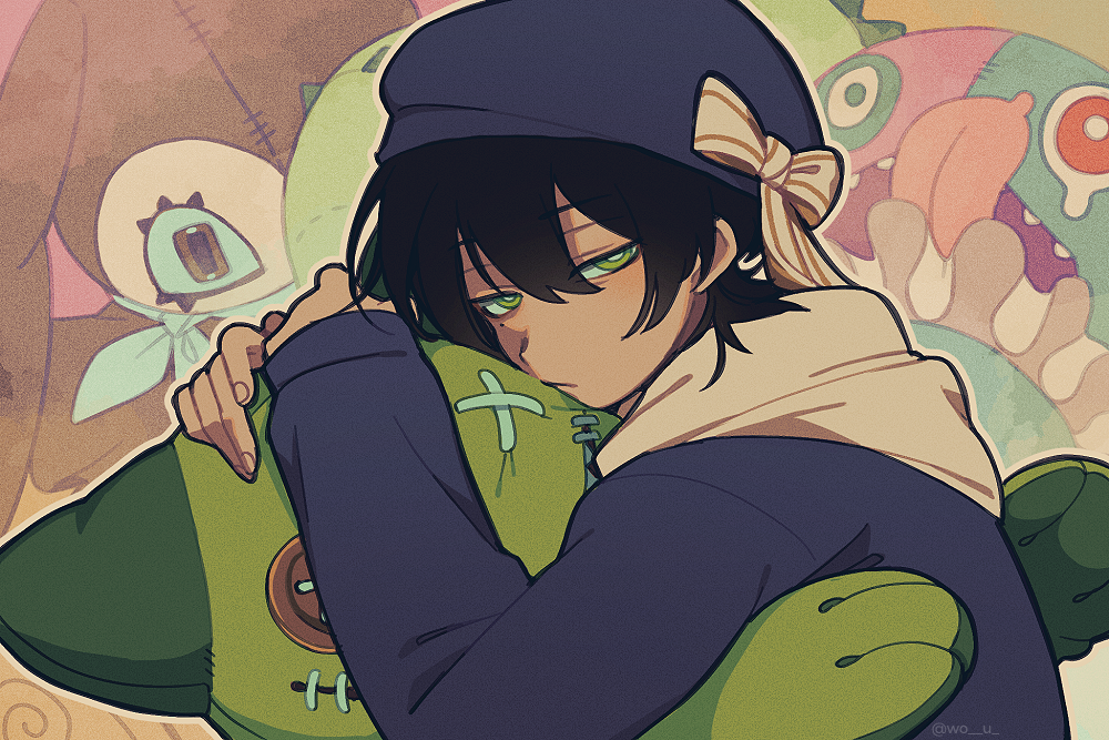 carbuncly, original, commentary, english commentary, 1boy, black hair, blue hat, blue hoodie, bright pupils, closed mouth, expressionless, from side, green eyes, hat, hood, hood down, hoodie, hugging object, jitome, long sleeves, looking at viewer, male focus, mole, mole under eye, ribbon, short hair, sleeves past wrists, solo, stuffed animal, stuffed cat, stuffed rabbit, stuffed toy, twitter username, white pupils, white ribbon