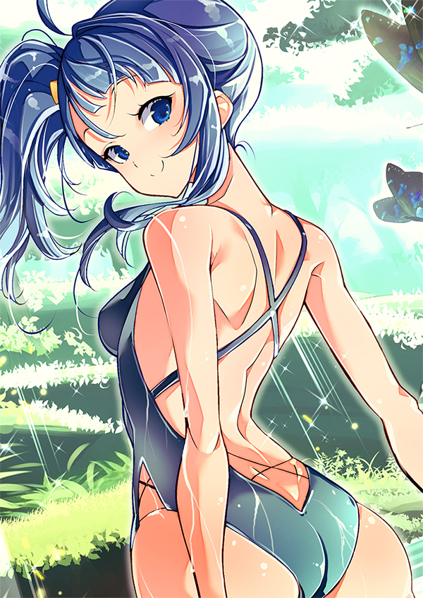hamuhamu, sora harewataru, hirogaru sky! precure, precure, commentary request, partial commentary, 1girl, ass, backless swimsuit, blue eyes, blue hair, blue one-piece swimsuit, bow, breasts, closed mouth, cowboy shot, cut bangs, day, from behind, grass, hair bow, looking at viewer, looking back, meadow, medium hair, one-piece swimsuit, outdoors, side ponytail, single sidelock, small breasts, smile, solo, sparkle, standing, swimsuit, yellow bow