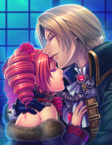 byuune, amy sorel, raphael sorel, namco, soul calibur, soulcalibur, soulcalibur iv, lowres, 1boy, 1girl, age difference, bare shoulders, blonde hair, cape, choker, closed eyes, couple, detached sleeves, dress, drill hair, father and daughter, flower, formal clothes, fur trim, gloves, gothic lolita, hetero, hug, lace, lolita fashion, red hair, rose, short twintails, twintails