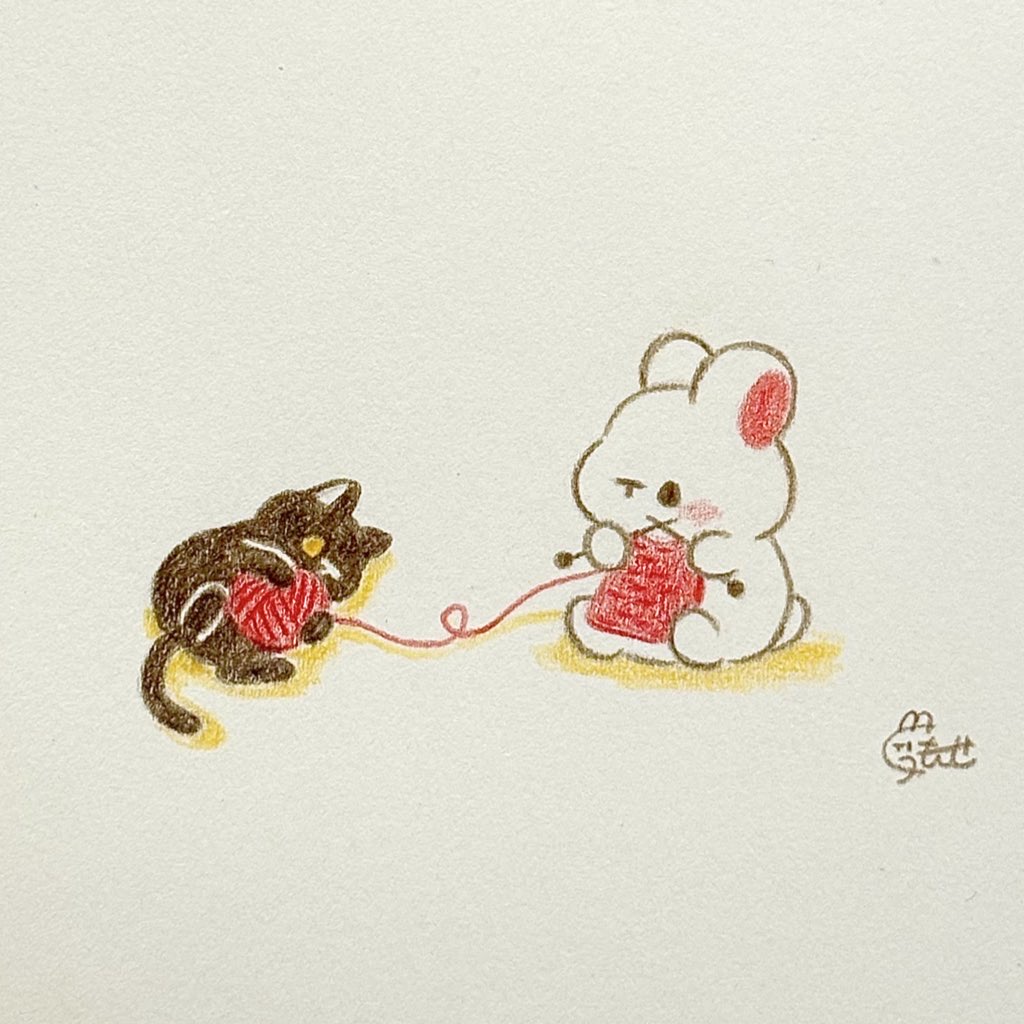 kuumonse33, original, colored pencil (medium), commentary request, traditional media, animal focus, black cat, cat, knitting, no humans, playing, rabbit, signature, simple background, sitting, white rabbit (animal), yarn, yarn ball