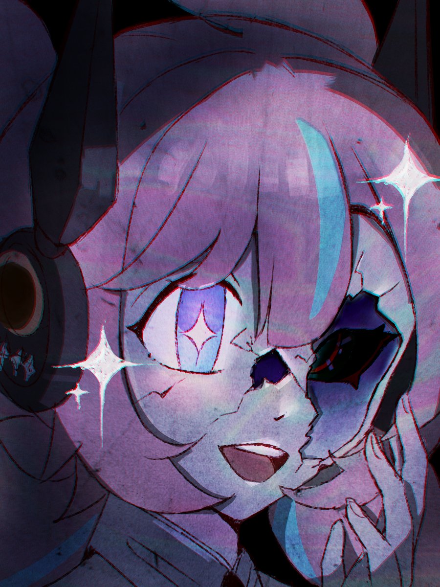 yutane johiel, zenless zone zero, commentary, english commentary, highres, + +, 1girl, blue streaks, broken mask, crack, cracked kawaii mask, cracked mask, hand up, humanoid robot, koumilust, mask, mismatched eyes, multicolored hair, open mouth, pink hair, portrait, robot, solo, sparkle, split theme, streaked hair