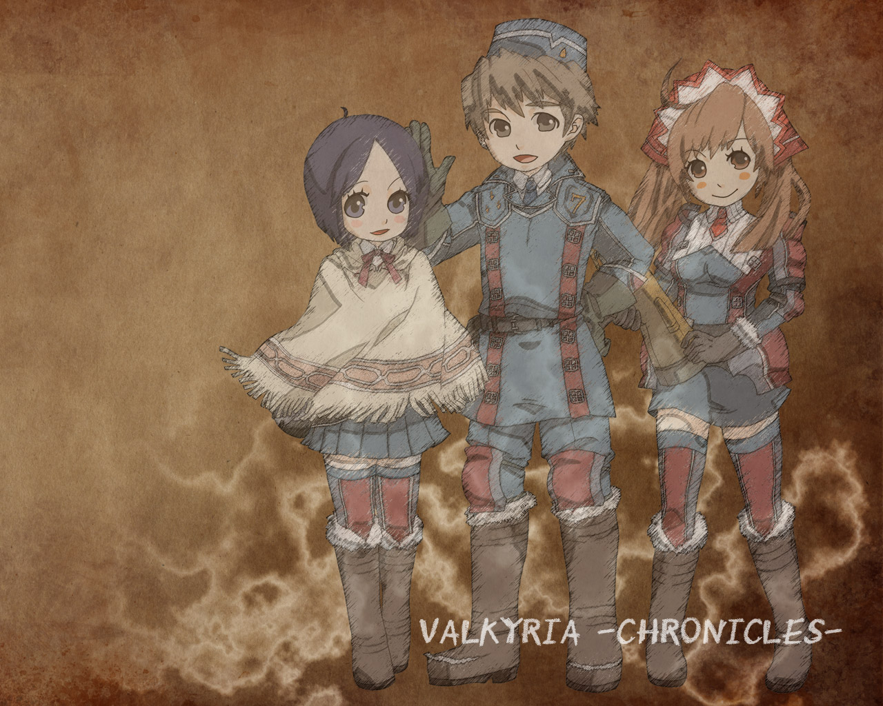 end of mame, mame (pixiv), alicia melchiott, isara gunther, welkin gunther, senjou no valkyria, senjou no valkyria (series), senjou no valkyria 1, bad id, bad pixiv id, 00s, 1boy, 2girls, blue eyes, blue hair, blush, boots, brown eyes, brown hair, fringe trim, gloves, gun, hat, headdress, long hair, military, military uniform, multiple girls, poncho, rifle, short hair, smile, thighhighs, twintails, weapon, zettai ryouiki