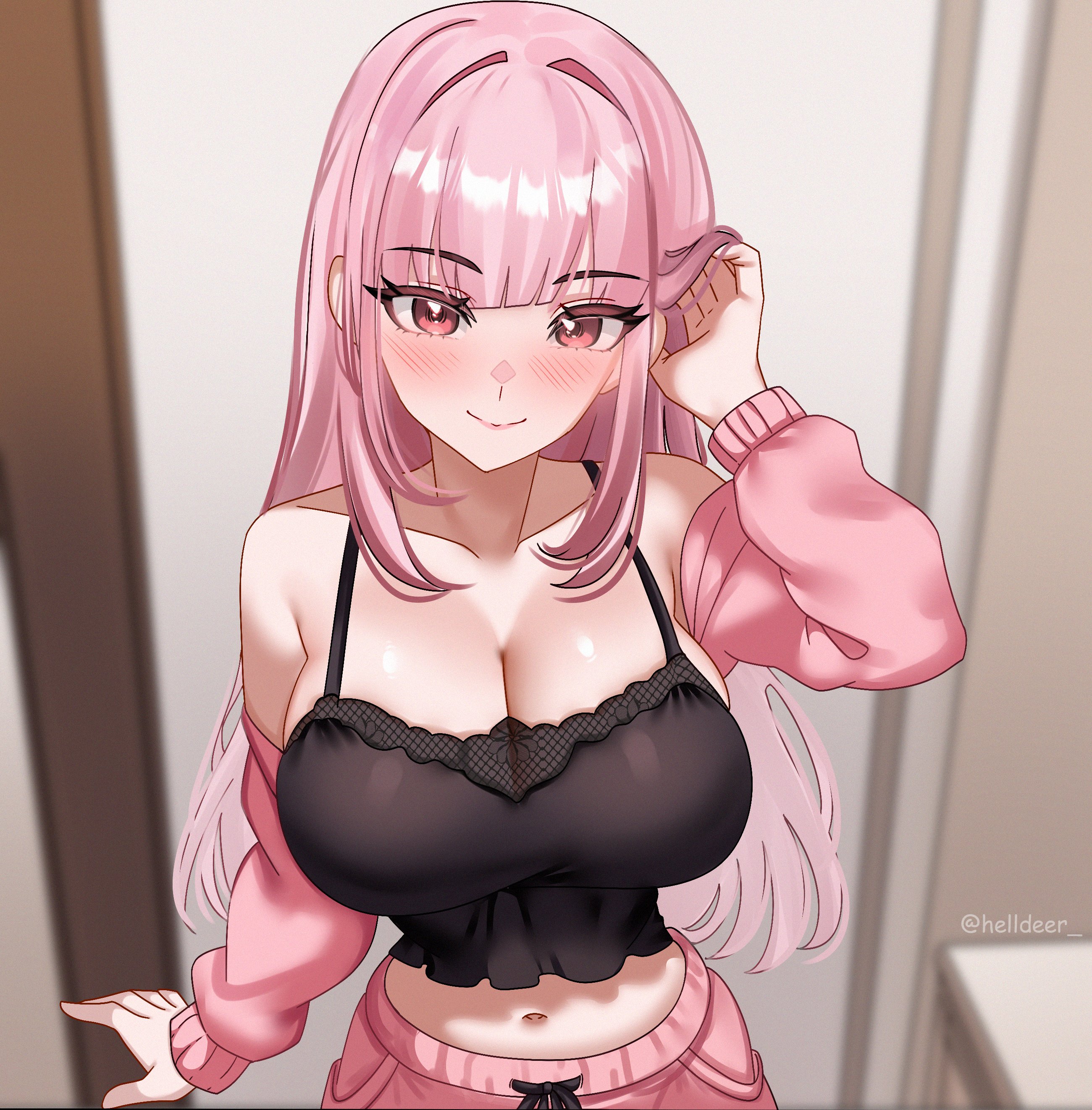 helldeer, mori calliope, hololive, hololive english, absurdres, commentary, highres, 1girl, adjusting hair, bare shoulders, black camisole, blurry, blurry background, blush, breasts, camisole, cleavage, closed mouth, collarbone, huge breasts, indoors, long hair, long sleeves, looking at viewer, midriff, navel, pants, pink eyes, pink hair, pink lips, pink pants, smile, solo, stomach, thighs, twitter username, virtual youtuber