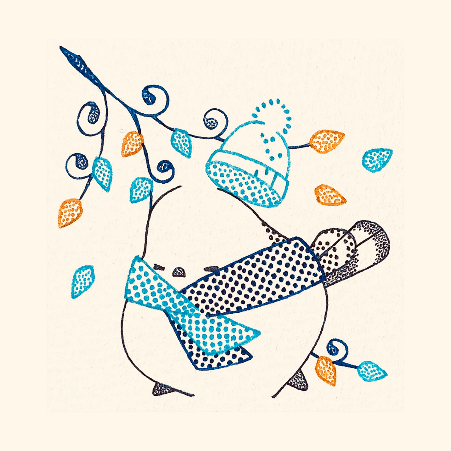 original, commentary request, highres, traditional media, animal focus, beanie, bird, branch, closed eyes, full body, hat, long-tailed tit, no humans, pom pom (clothes), pom pom beanie, scarf, tit (bird), usagi shigeko, winter, winter clothes