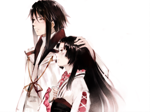 fukahire (ruinon), azai nagamasa (sengoku basara), oichi (sengoku basara), sengoku basara, bad id, bad pixiv id, 00s, 1boy, 1girl, black hair, comforting, couple, frown, hair between eyes, hand on another's head, japanese clothes, kimono, long hair, parted bangs, short hair with long locks, side-by-side, simple background, white background