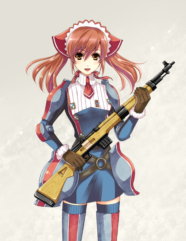 nekopu, alicia melchiott, senjou no valkyria, senjou no valkyria (series), senjou no valkyria 1, 00s, 1girl, brown eyes, brown hair, female focus, gewehr 43, gloves, gun, headdress, long hair, looking at viewer, military, military uniform, necktie, rifle, simple background, smile, solo, thighhighs, twintails, weapon, zettai ryouiki