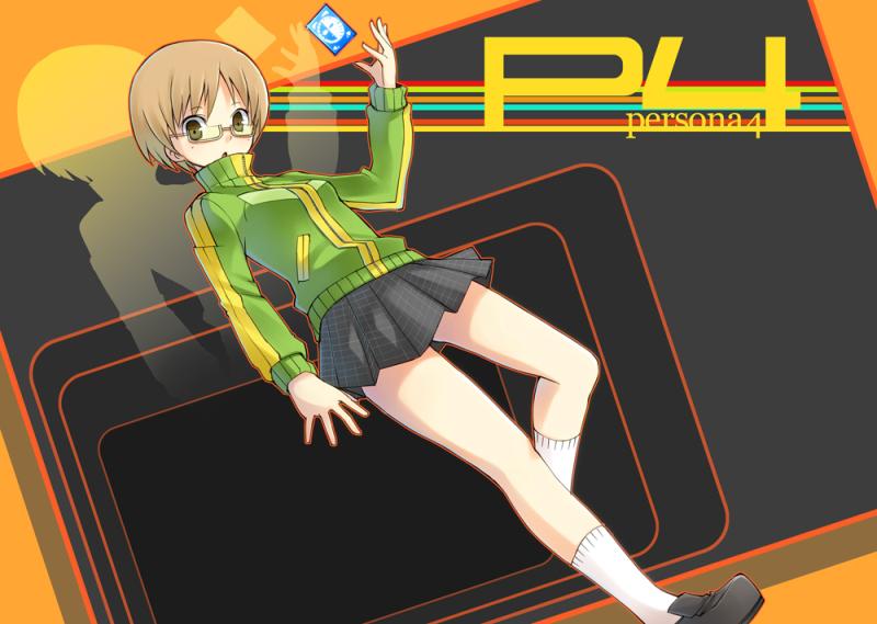 amaa (chou dennou jidai), satonaka chie, atlus, persona, persona 4, glasses, skirt, solo, yellow-framed eyewear