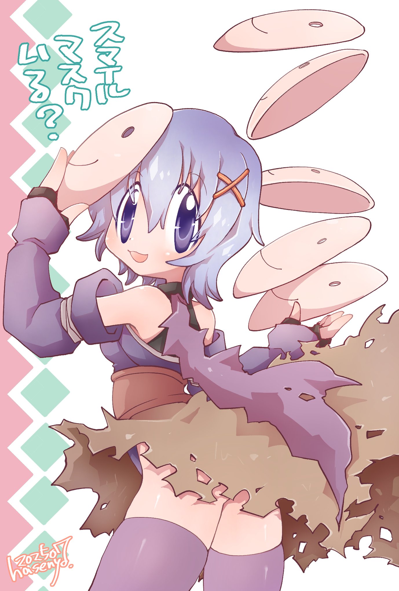 hasenyo, assassin (ragnarok online), ragnarok online, commentary request, highres, translation request, 1girl, blue hair, dated, elbow gloves, fingerless gloves, gloves, hair between eyes, hair ornament, holding, holding mask, leotard, looking at viewer, looking back, mask, mask on head, open mouth, purple eyes, purple gloves, purple leotard, purple thighhighs, short hair, smiley face, solo, thighhighs, white background, x hair ornament