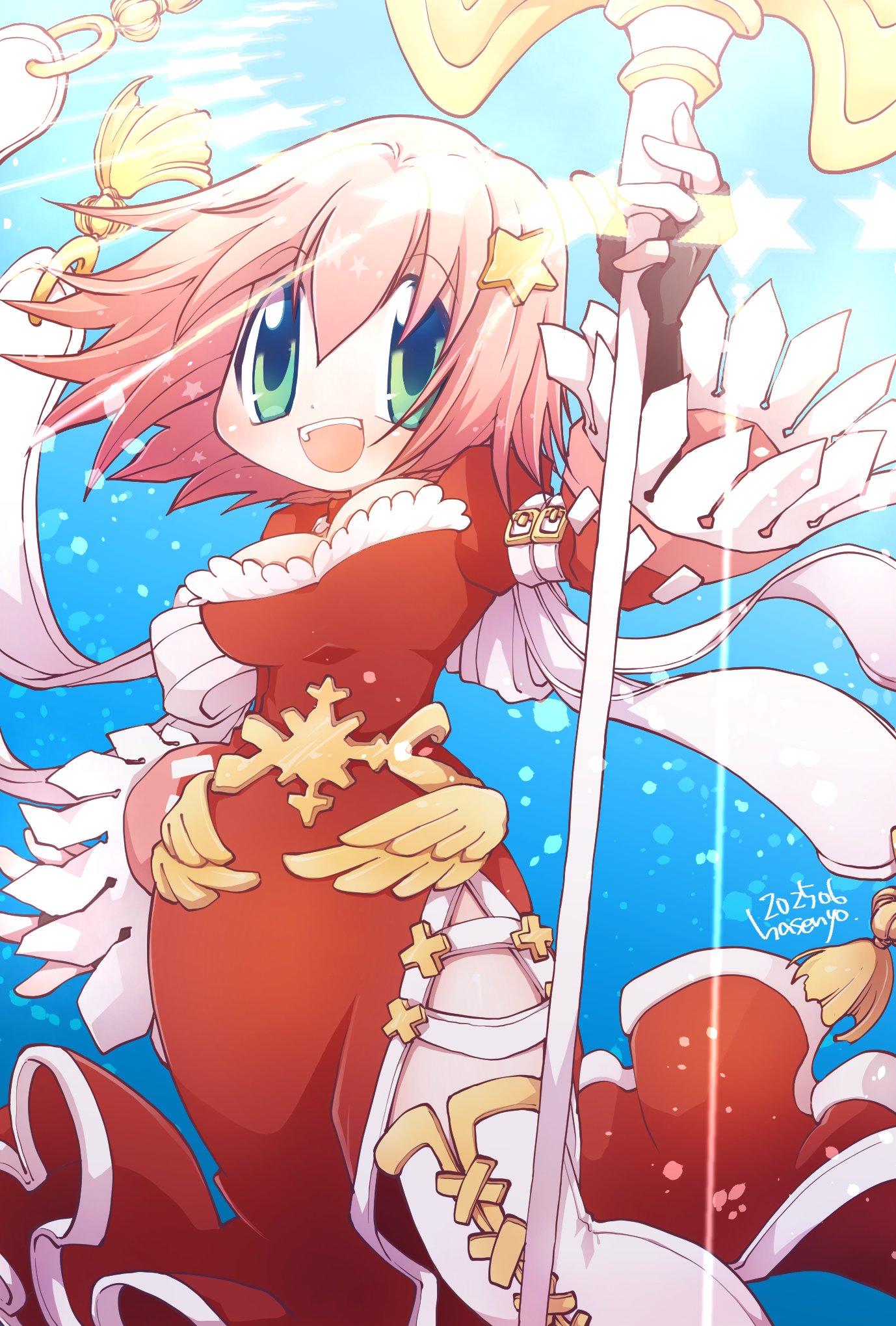 hasenyo, cardinal (ragnarok online), ragnarok online, commentary request, highres, 1girl, :d, black gloves, blue background, blush, boots, breasts, cowboy shot, dated, dress, fingerless gloves, frilled sleeves, frills, gloves, green eyes, hair ornament, holding, holding staff, long dress, long sleeves, looking at viewer, medium breasts, open mouth, pink hair, red dress, side slit, smile, solo, staff, star (symbol), star hair ornament, tassel, thigh boots, white boots
