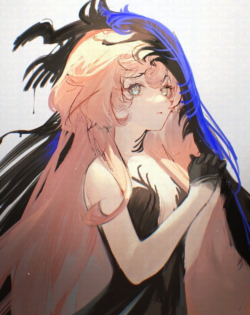 xjsbca, nautika (reverse:1999), reverse:1999, commentary request, highres, 1girl, bare arms, bare shoulders, black dress, black hands, black veil, blue eyes, blue veil, colored extremities, dress, grey background, long hair, looking at viewer, own hands together, pink hair, plunging neckline, solo, strapless, strapless dress, two-tone veil, upper body, veil, very long hair