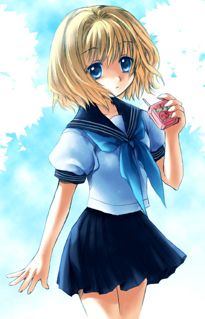 umitsuki kouna, kamio misuzu, air (visual novel), 00s, 1girl, alternate costume, blonde hair, female focus, juice box, school uniform, serafuku, short hair, skirt, solo