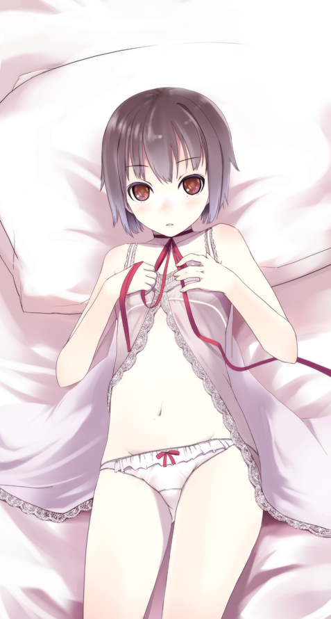 katase yuu, nagato yuki, suzumiya haruhi no yuuutsu, 00s, 1girl, bare shoulders, bed, bow, bow panties, brown eyes, choker, fat mons, female focus, flat chest, frilled panties, frills, groin, lace, looking at viewer, lying, navel, nightgown, on back, pale skin, panties, pillow, purple hair, pussy, ribbon, short hair, solo, underwear, white panties