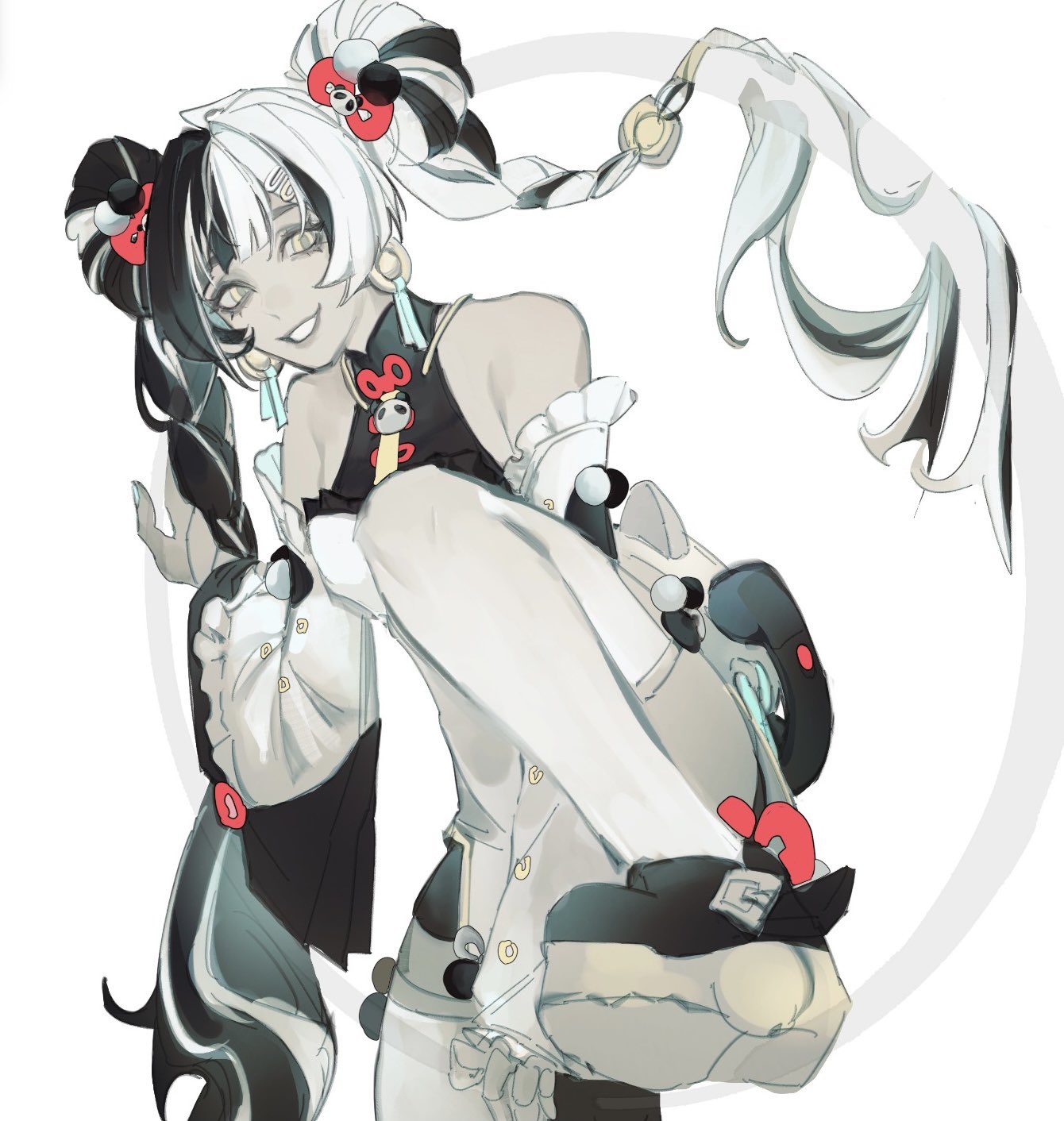 lynune, dialyn (zenless zone zero), zenless zone zero, commentary, english commentary, highres, unfinished, 1girl, bare shoulders, braid, braided twintails, chakram, china dress, chinese clothes, detached sleeves, double bun, dress, earrings, grin, hair bun, hair extensions, hair ornament, hairclip, jewelry, leg up, long hair, looking at viewer, multicolored hair, necktie, panda hair ornament, ring hair extensions, simple background, smile, solo, split-color hair, thighhighs, weapon, white background, white dress, white thighhighs, yellow eyes, yellow necktie