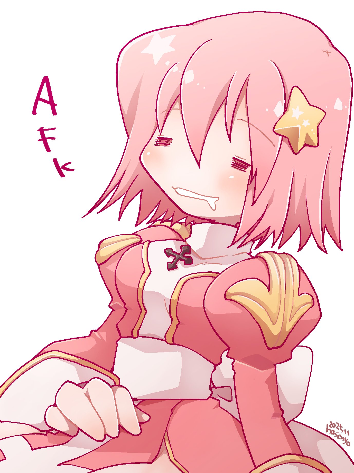 hasenyo, high priest (ragnarok online), ragnarok online, commentary, highres, 1girl, = =, afk, back bow, blush, bow, closed eyes, cowboy shot, dated, dress, hair ornament, juliet sleeves, long sleeves, open mouth, pink dress, pink hair, puffy sleeves, sash, short hair, simple background, solo, star (symbol), star hair ornament, two-tone dress, white background, white bow, white dress, white sash