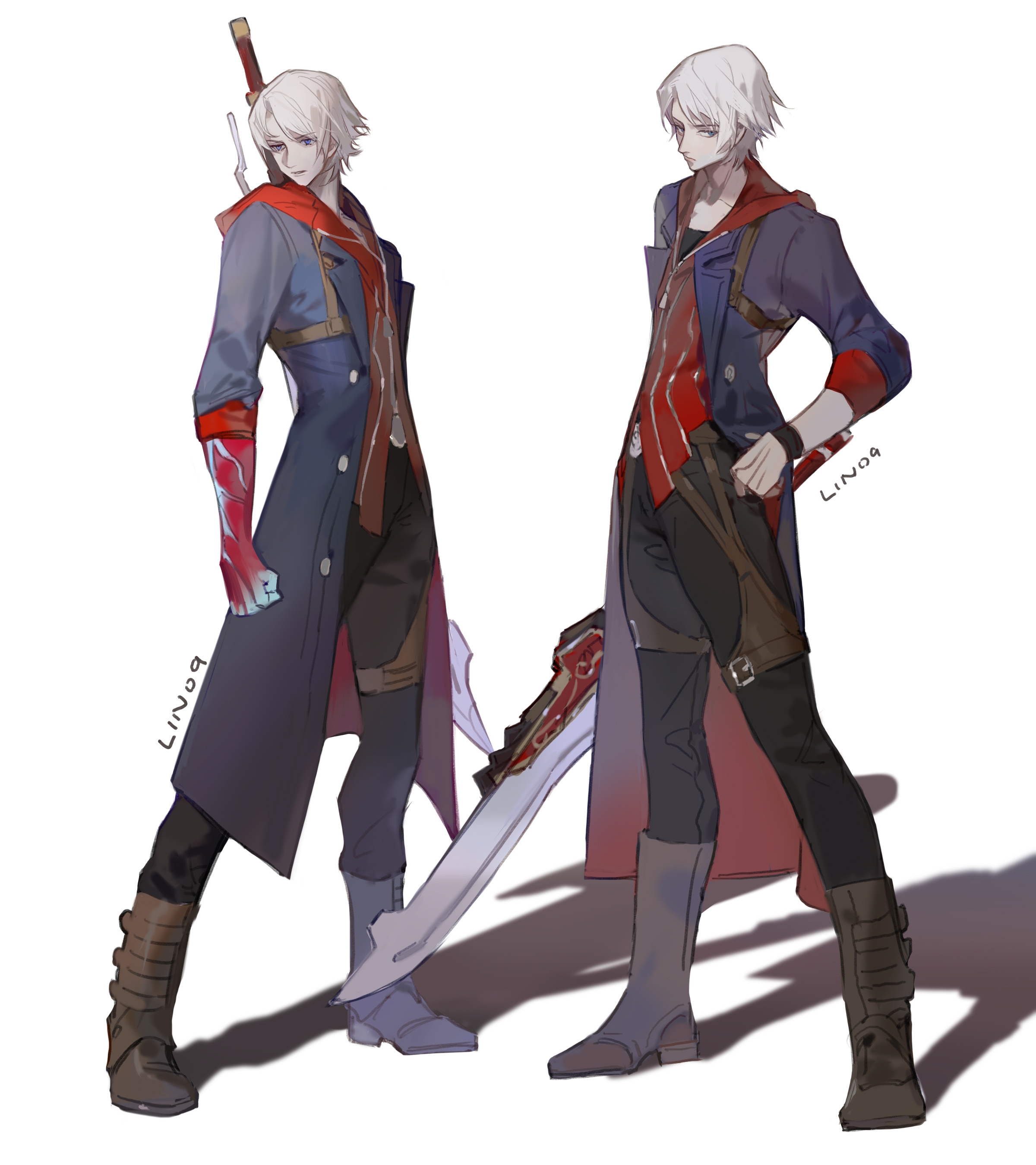 lin09, nero (devil may cry), devil may cry, devil may cry (series), devil may cry 4, absurdres, chinese commentary, commentary request, highres, 1boy, artist name, black coat, black pants, black shirt, blue eyes, boots, brown boots, closed mouth, coat, full body, hand on own hip, harness, holding, holding sword, holding weapon, hood, hood down, hooded jacket, jacket, knee boots, male focus, multiple views, open clothes, open coat, pants, red jacket, shadow, shirt, short hair, simple background, sleeves rolled up, sword, weapon, white background, white hair