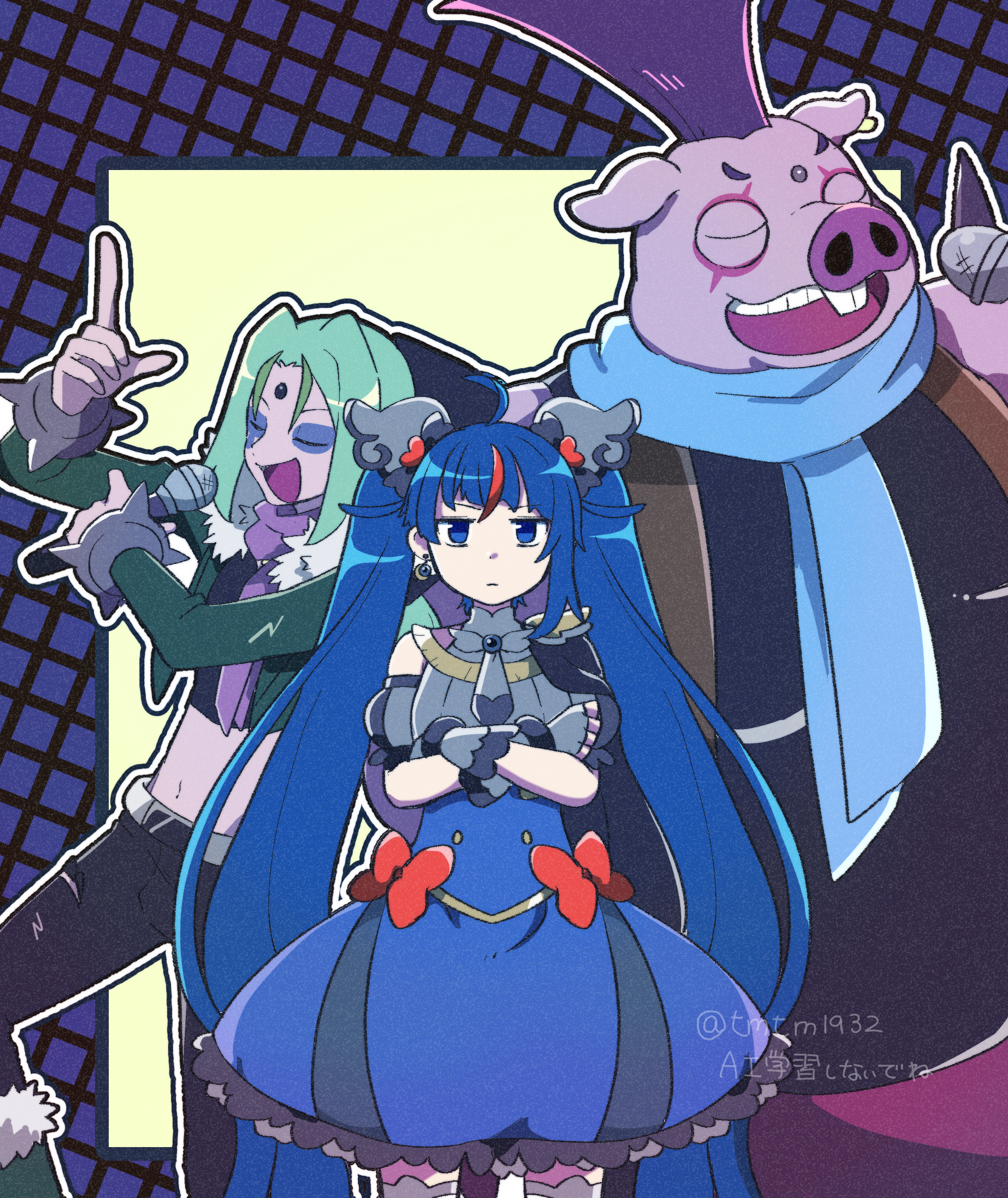 temoshi (tmtm1932), battamonda, black sky (precure), cure sky, kabaton (precure), sora harewataru, hirogaru sky! precure, precure, absurdres, commentary, highres, 1girl, 2boys, black cape, blue dress, blue eyes, blue hair, bow, cape, closed mouth, crossed arms, cut bangs, detached sleeves, dress, dress bow, earrings, frilled dress, frills, frown, gloves, green hair, grey dress, grey gloves, hair ornament, holding, holding microphone, index finger raised, jewelry, long hair, magical girl, medium dress, microphone, mohawk, multicolored hair, multiple boys, outline, puffy detached sleeves, puffy sleeves, purple hair, red bow, red hair, single sidelock, sleeveless, sleeveless dress, streaked hair, thighhighs, twintails, twitter username, two-tone dress, very long hair, white outline, wing hair ornament