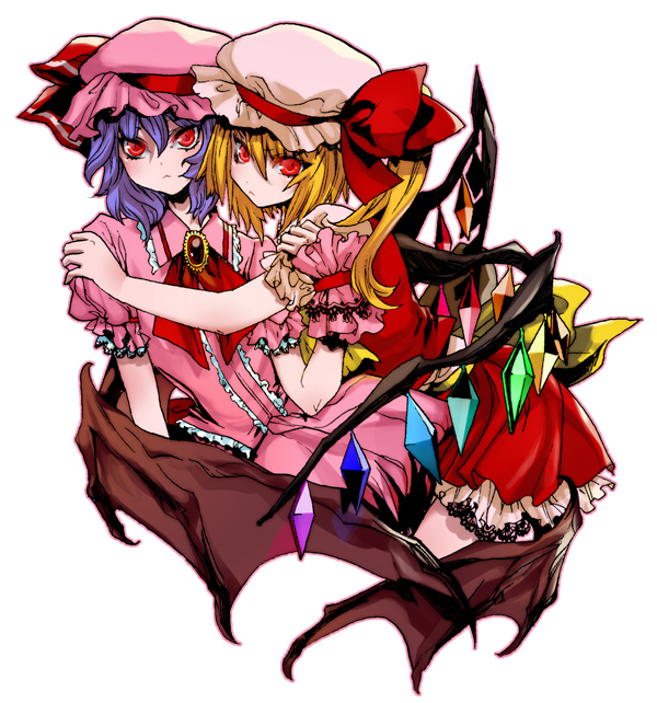 yurizuka (sergeant heart), flandre scarlet, remilia scarlet, touhou, 2girls, bat wings, blonde hair, female focus, hat, hug, lace, long hair, multiple girls, ponytail, purple hair, red eyes, ribbon, short hair, siblings, side ponytail, sisters, skirt, wings