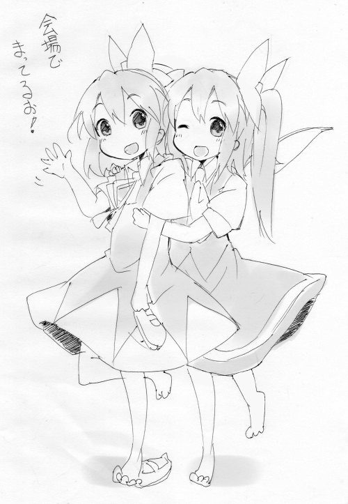 kareha aki, cirno, daiyousei, embodiment of scarlet devil, touhou, translation request, 2girls, barefoot, bow, dress, greyscale, hair bow, hug, leg lift, long hair, monochrome, multiple girls, ribbon, short hair, sketch, twintails, waving, wings, wink