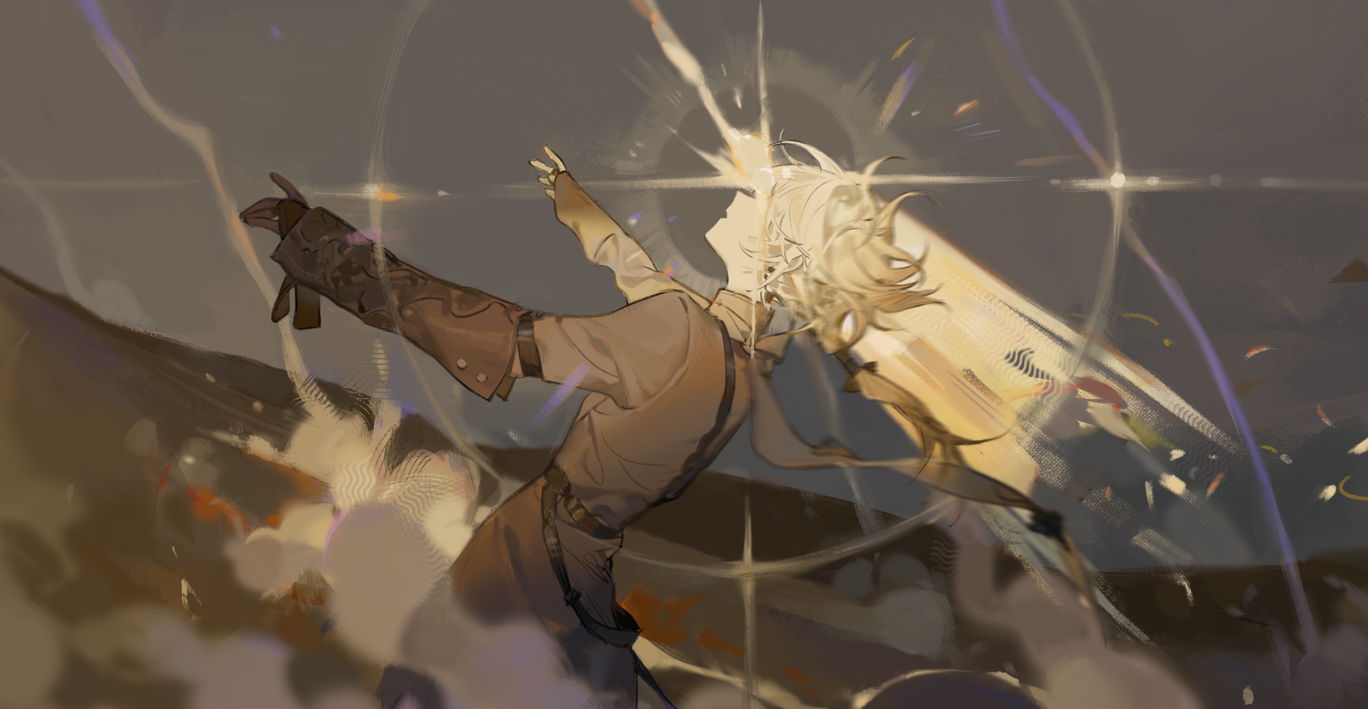 lin09, original, chinese commentary, commentary request, highres, 1boy, belt, black belt, brown gloves, coat, cowboy shot, dutch angle, fingerless gloves, gloves, grey coat, grey sky, hands up, long hair, long sleeves, male focus, open mouth, outdoors, pale skin, ponytail, sky, solo, white hair