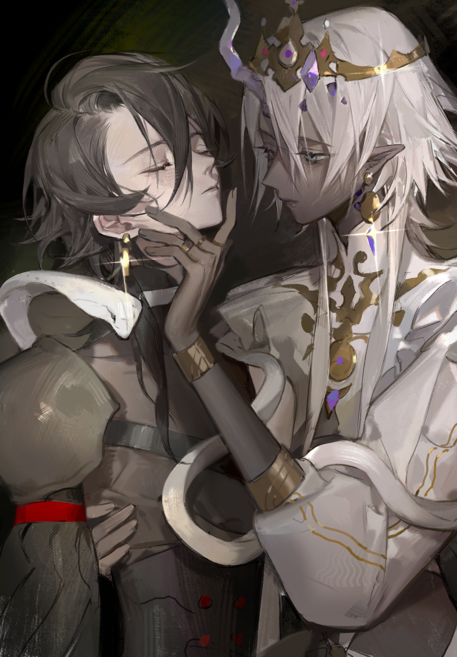 lin09, original, chinese commentary, commentary request, highres, 2boys, armor, bishounen, blue eyes, bracelet, closed eyes, closed mouth, crown, dark-skinned male, dark skin, earrings, glint, hair between eyes, hand on another's chin, horns, jewelry, long hair, male focus, multiple boys, pointy ears, puffy sleeves, shirt, snake, three-quarter sleeves, white hair, white shirt, white snake, yaoi