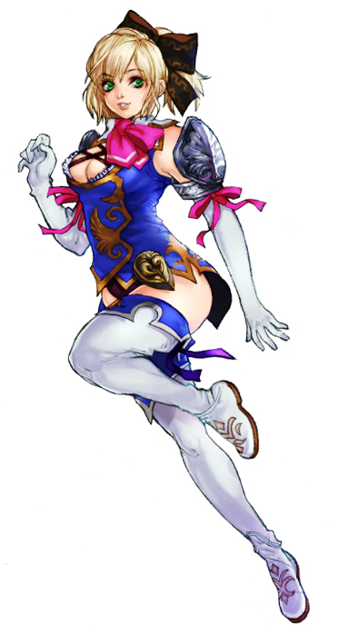 yurizuka (sergeant heart), cassandra alexandra, namco, soul calibur, soulcalibur, soulcalibur iv, 1girl, bare shoulders, blonde hair, boots, breasts, cleavage, elbow gloves, female focus, gloves, green eyes, hair ribbon, large breasts, necktie, pink necktie, ponytail, ribbon, short hair, smile, solo, thighhighs, zettai ryouiki